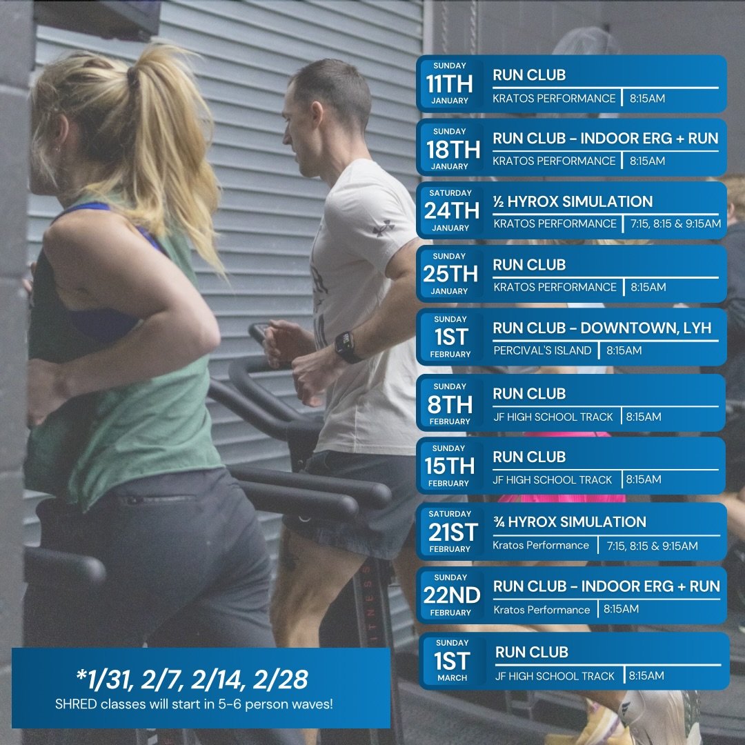 Who&rsquo;s ready to increase their exercise capacity? If so these next 8 weeks are for you!

Run club returns and progresses each week.
Hyrox simulations 🏃&zwj;♀️ 
Shred and Hybrid Conditioning will see a weekly bump in intensity 🔥 
Saturday Shred