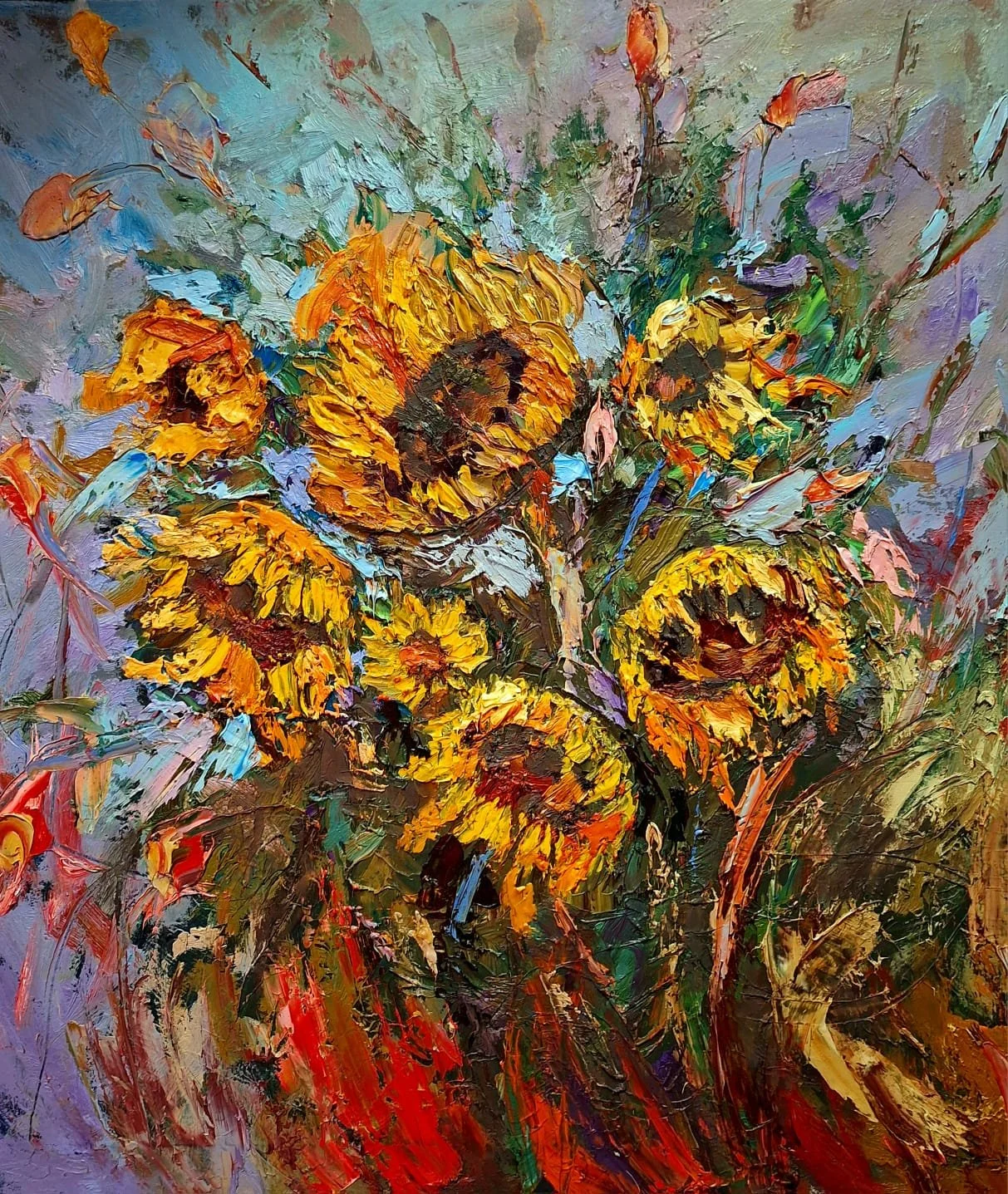 "Sonnenblumen" 2023,  90x100 Öl auf Leinwand 