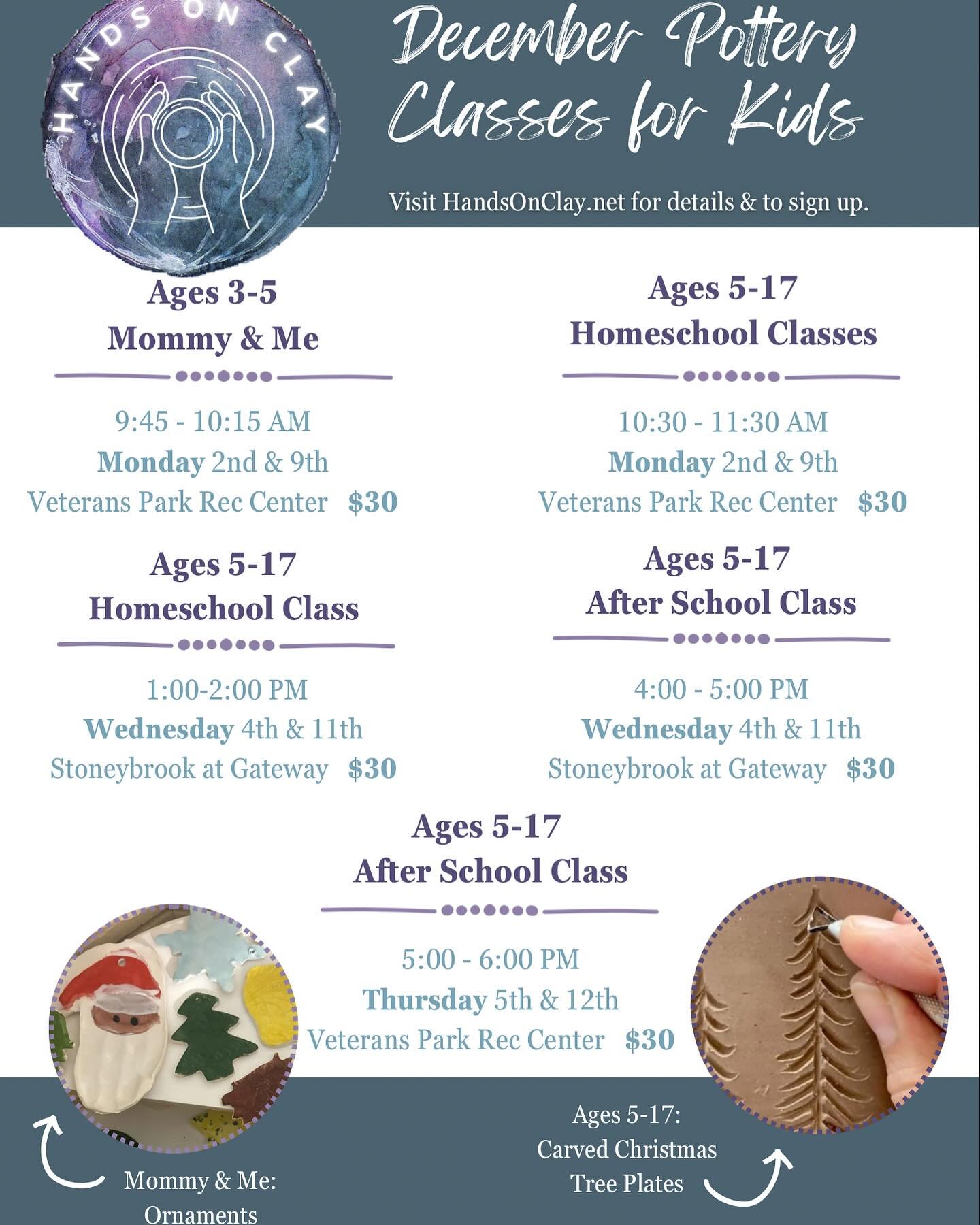 Kids classes are available for sign ups on HandsOnClay.net ☺️
