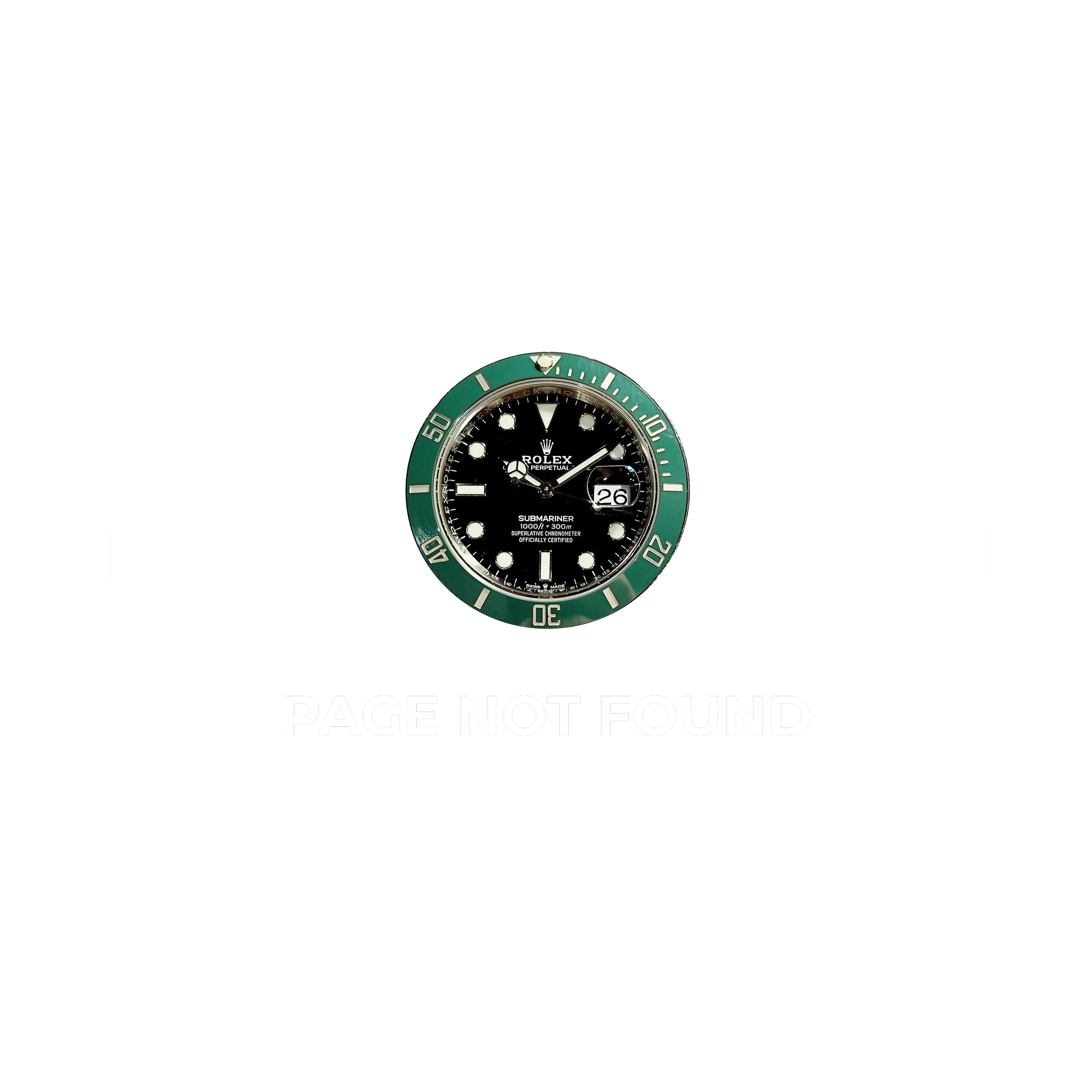 A black webpage with a centered Rolex Submariner watch face and the text 'PAGE NOT FOUND' below it.