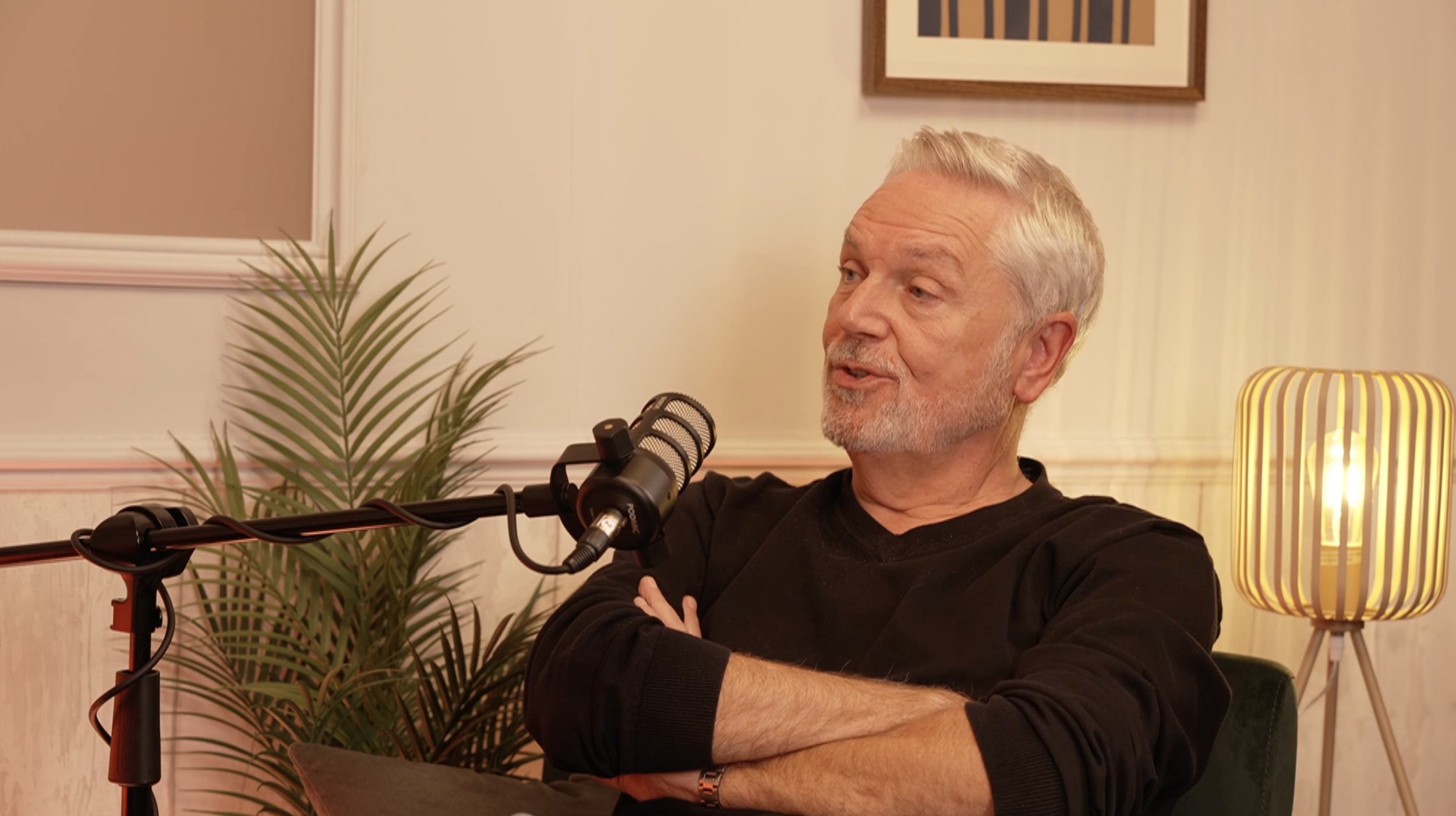 A middle-aged man with gray hair and a beard, wearing a black shirt, is sitting with arms crossed in a decorated room speaking into a microphone. There is a houseplant to his left, a framed artwork on the wall, and a striped table lamp on a side table.