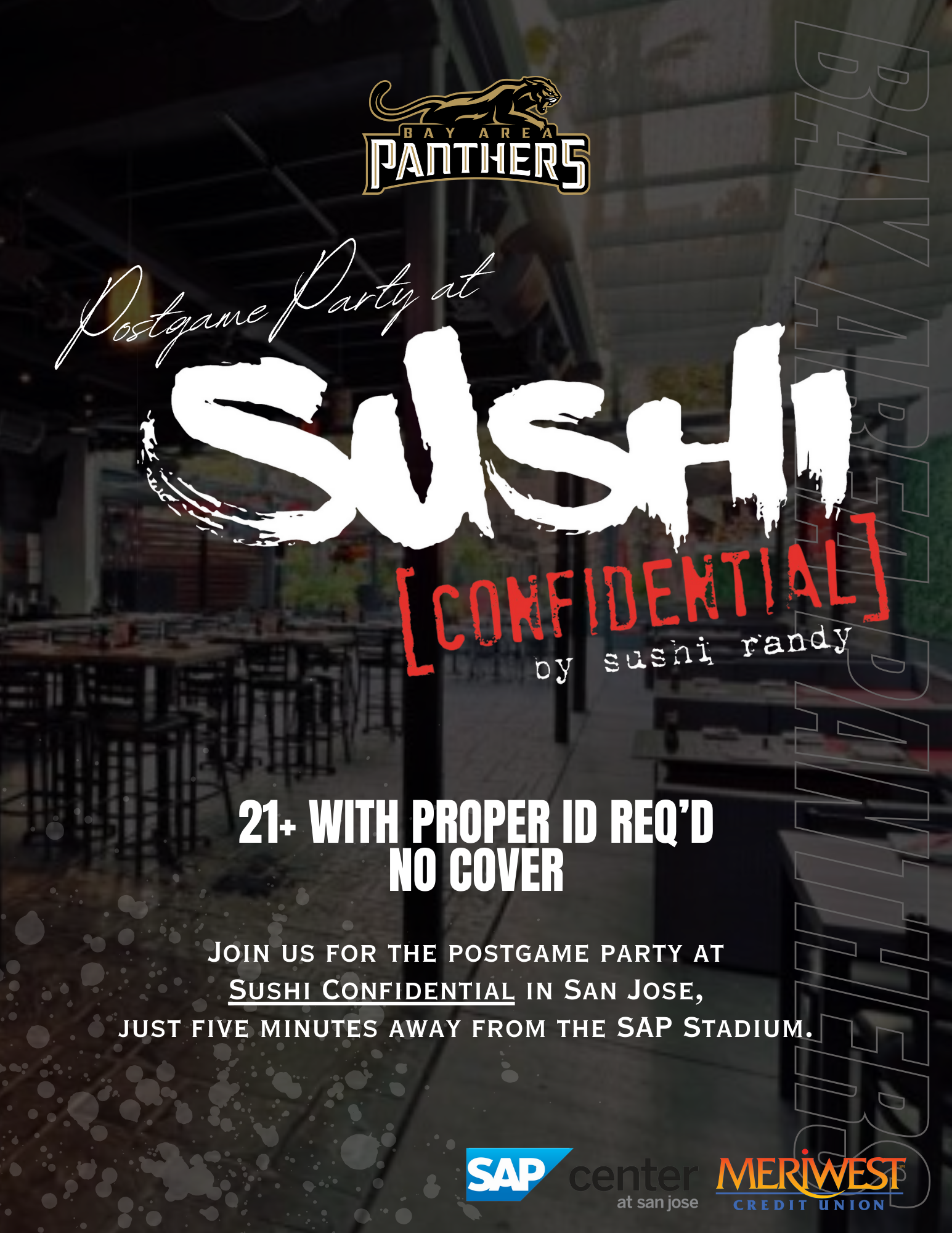 Sushi Confidential post-game party flyer made for the Bay Area Panthers, an Indoor Football League team.