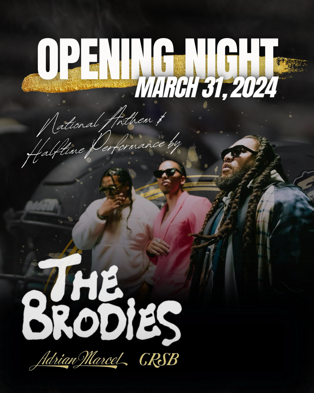 Social media graphic created for opening night featuring Bay Area artists CRSB and Adrian Marcel. Made for the Bay Area Panthers, an Indoor Football League team.