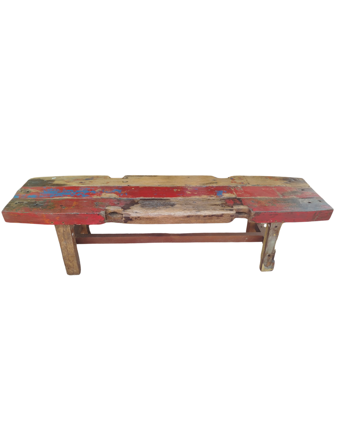 Banc en vieux teck recyclé – patine multicolore, fabrication artisanale de Bali