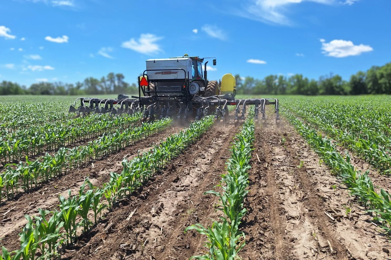 A tractor with a planter cultivates rows of young green crops under a clear blue sky. The scene conveys agricultural productivity and growth.
