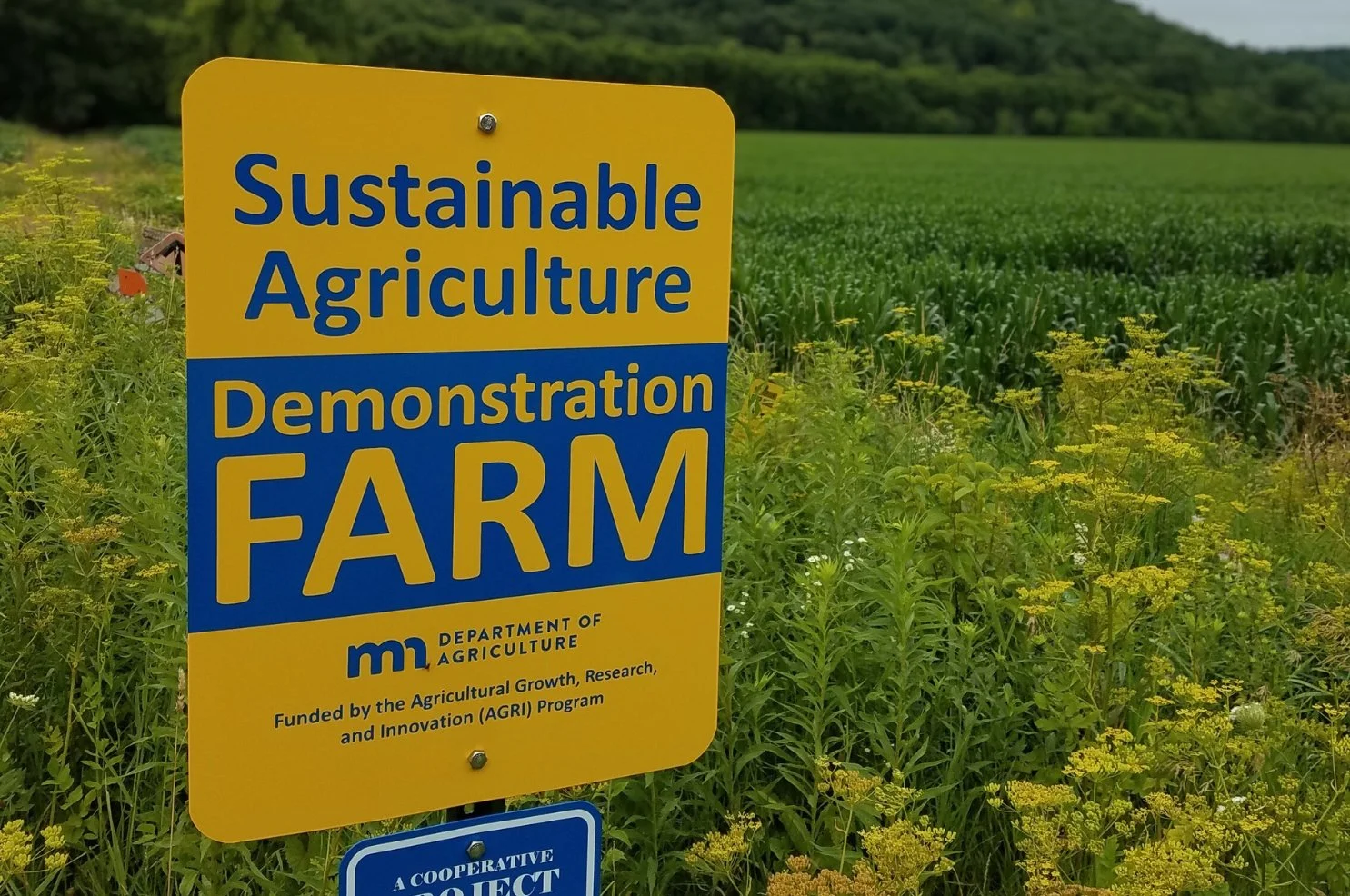 A yellow sign reading "Sustainable Agriculture Demonstration Farm" stands in a lush green field, promoting eco-friendly farming practices.