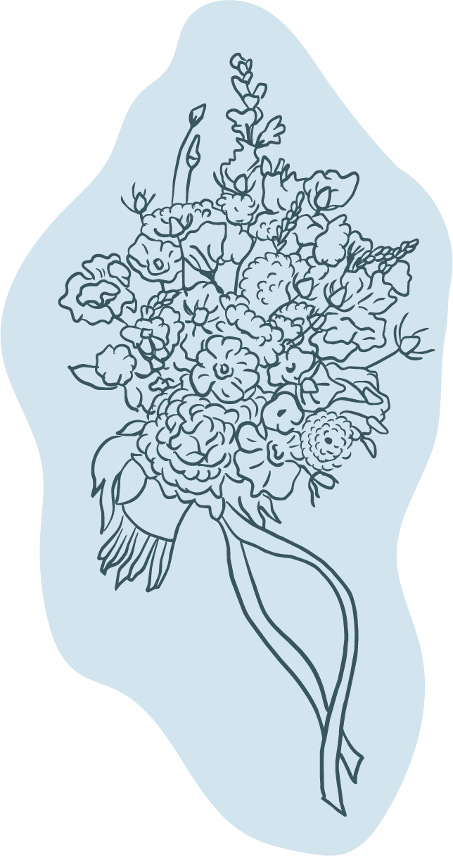 Line drawing of a bouquet of flowers with detailed petals and leaves on a light blue background for wedding, elopement, couples and family photographer in Eastern Ontario.