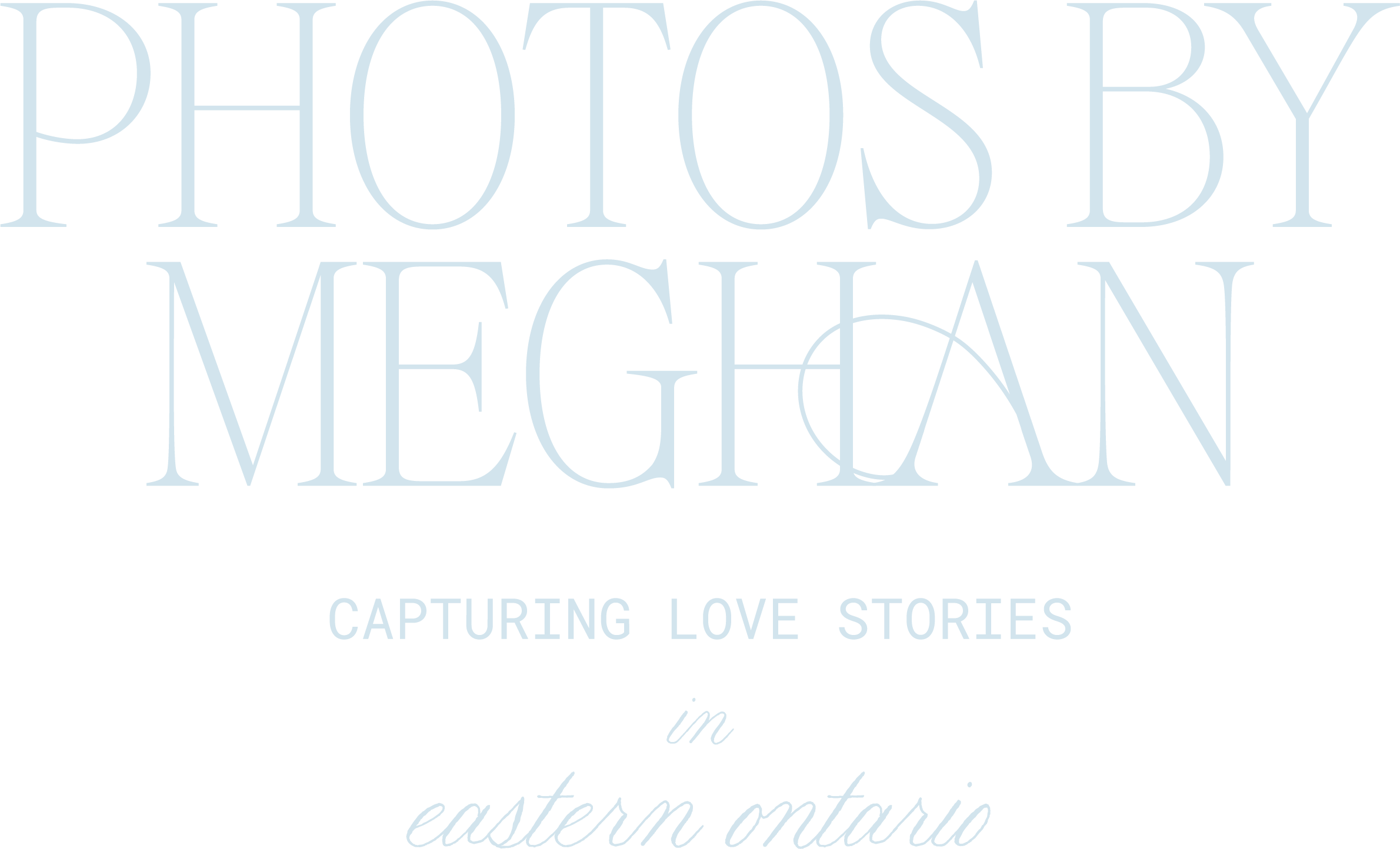 logo for wedding couples elopement photographer Photos by Meghan, with capturing love stories in eastern ontario in different font