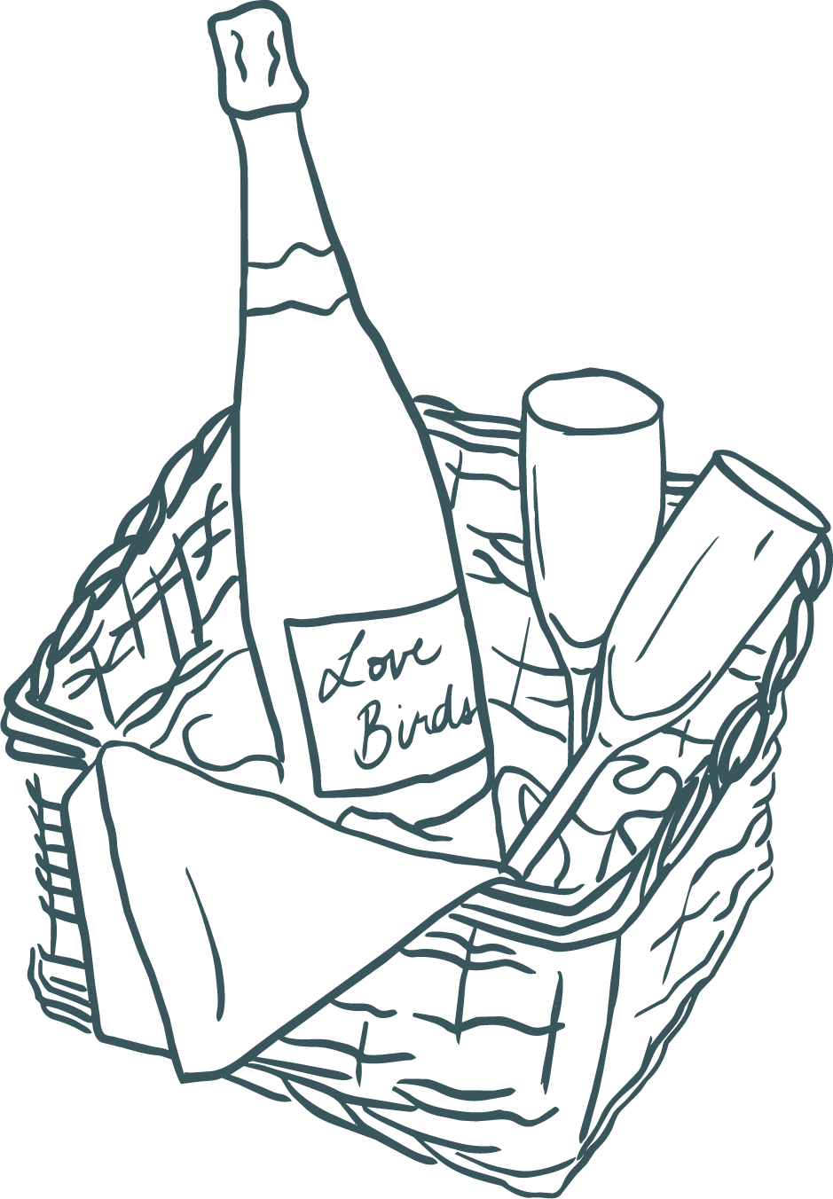 A drawing of a gift basket containing a bottle labeled 'Love Bird,' a cylindrical container, and a rectangular box for wedding, elopement, couples and family photographer in Eastern Ontario.