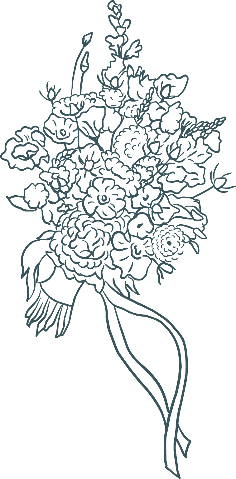 Outline drawing of a bouquet of flowers tied with a ribbon for wedding, elopement, couples and family photographer in Eastern Ontario.