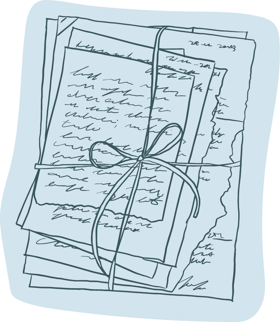 A stack of handwritten letters tied with a ribbon for wedding, elopement, couples and family photographer in Eastern Ontario.