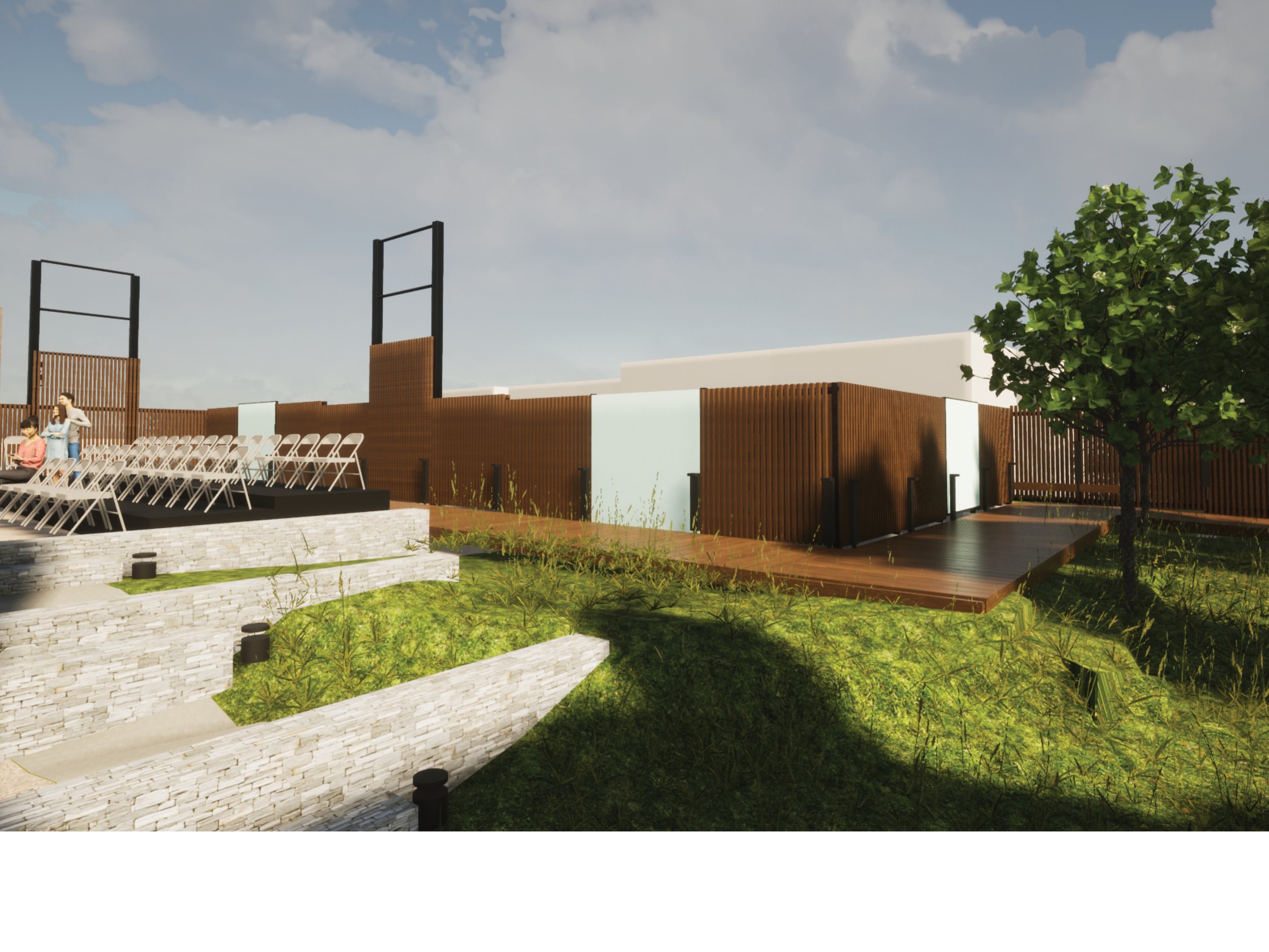 Rendering showing proposed boardwalk and historical imagery set into custom fence. Boardwalk provides a graceful accessibility solution from front to rear yard.