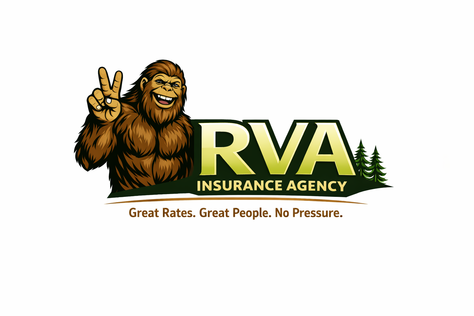 Logo for RVA Insurance Agency featuring a cartoon gorilla making a peace sign, with the text 'RVA Insurance Agency' and trees; slogan reads 'Great Rates. Great People. No Pressure.'