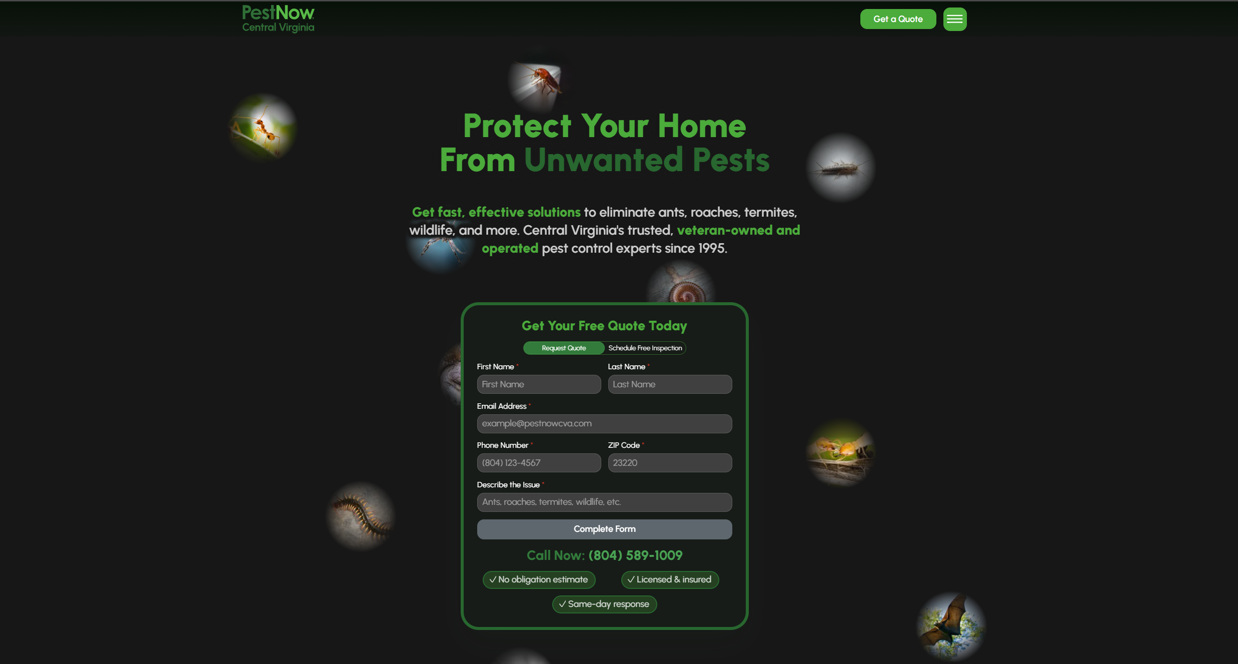 Screenshot of PestNow Central Virginia website homepage, featuring pest control services for ants, roaches, termites, wildlife, and more. The page includes a form to request a free quote, with fields for personal information, issue description, and contact details, along with contact phone number and service guarantees.