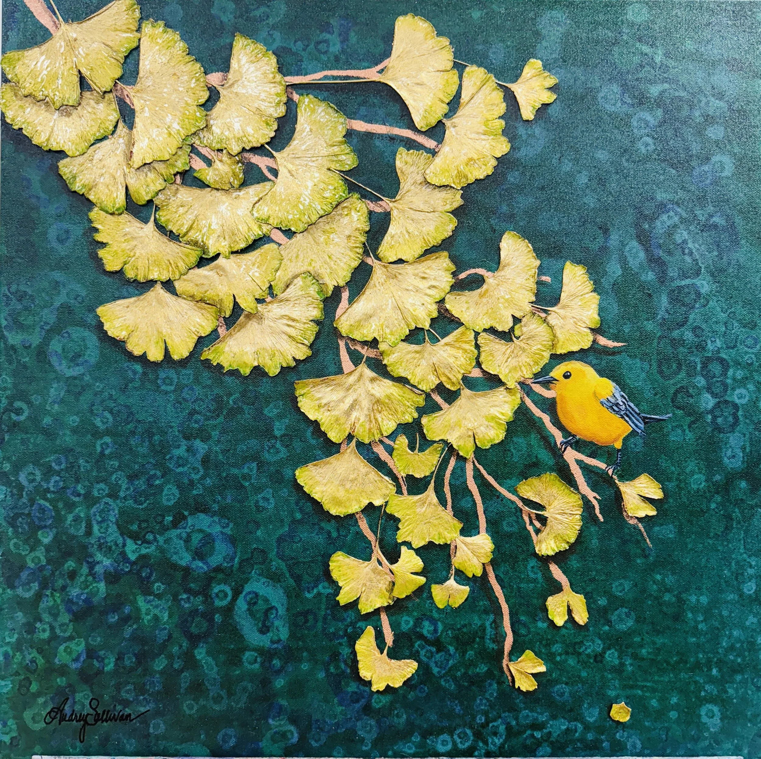 "Guilded Ginkgo"
24 x 24
acrylic/gold leaf/ginkgo leaves
$2900