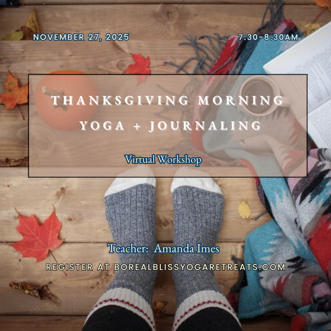 Top-down view of a person standing on a wooden floor with fall leaves, a pumpkin, a cup of coffee, an open book, and blankets around, promoting a Thanksgiving morning yoga and journaling virtual workshop.