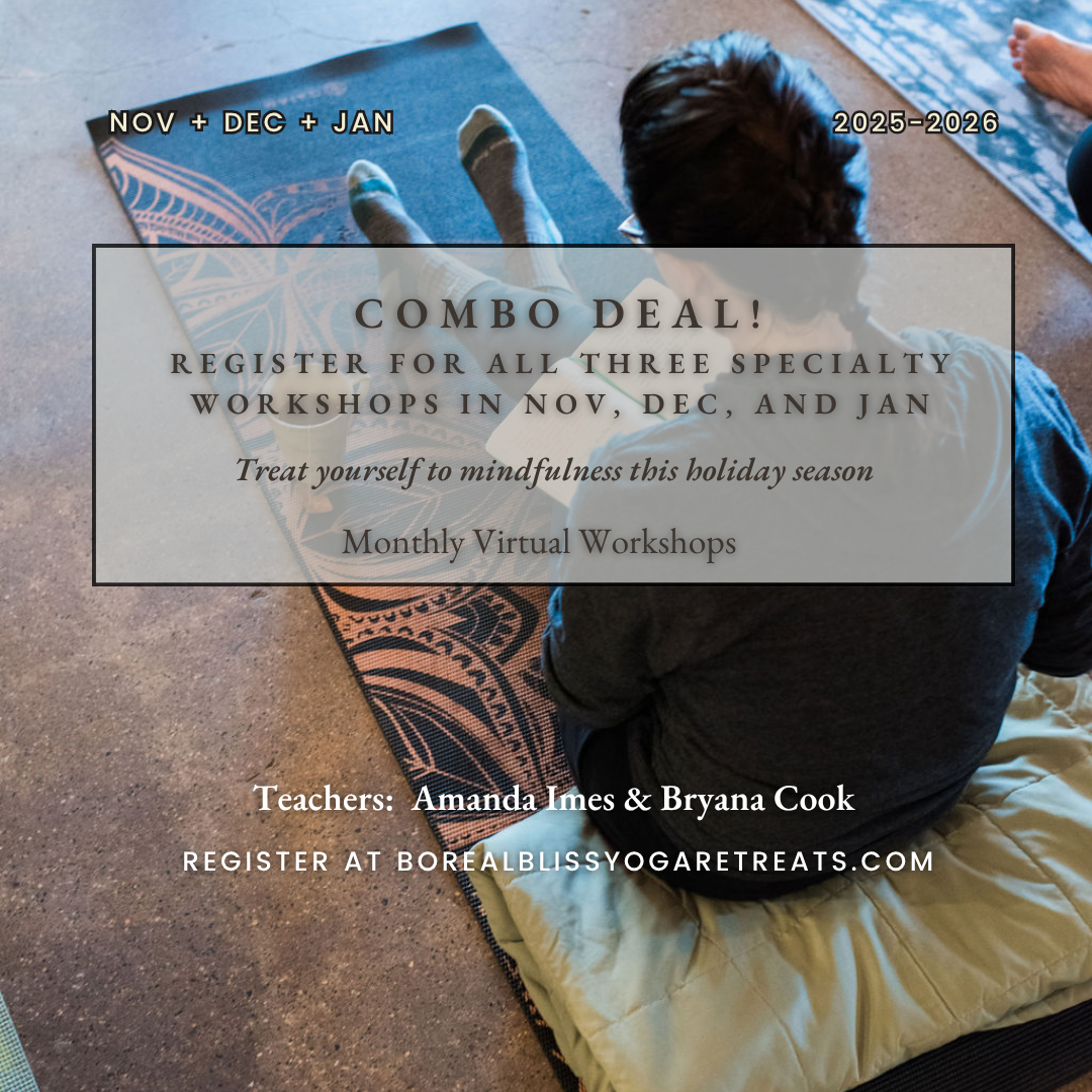 A person sitting on a yoga mat with their legs extended, viewed from above, with another person on the right also seated on a yoga mat. The image promotes monthly virtual mindfulness workshops in November, December, and January with details about teachers and registration.