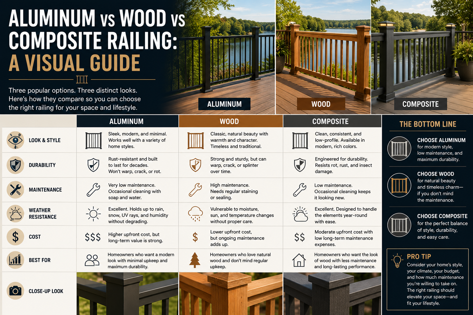 Aluminum vs Wood vs Composite Railing: A Visual Guide