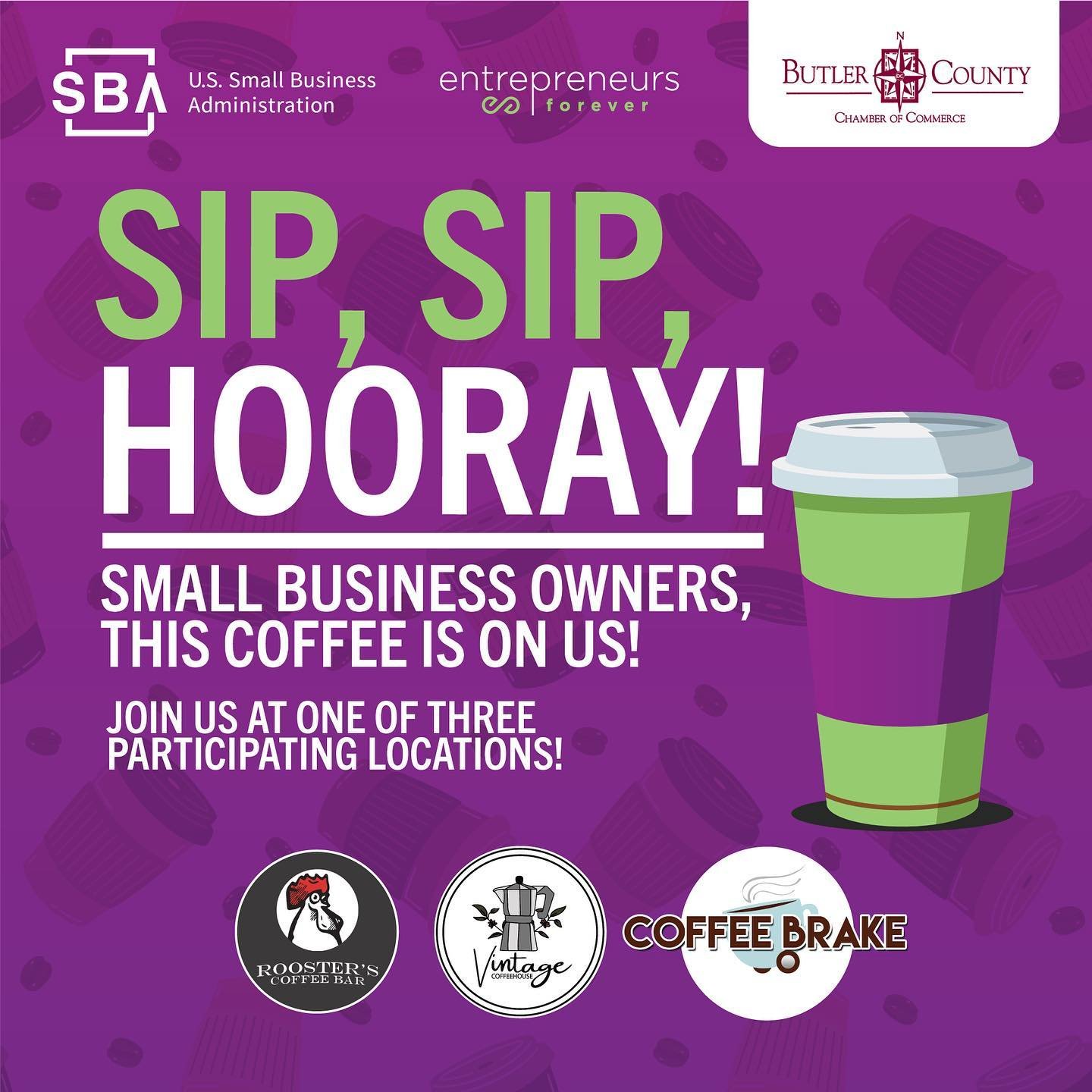 Attention all small business owners in Butler County!  Join us for FREE COFFEE DAY* on May 22 and May 23. 

We understand the challenges of running a small business, so allow us to treat you to a complimentary cup of coffee as a token of appreciation