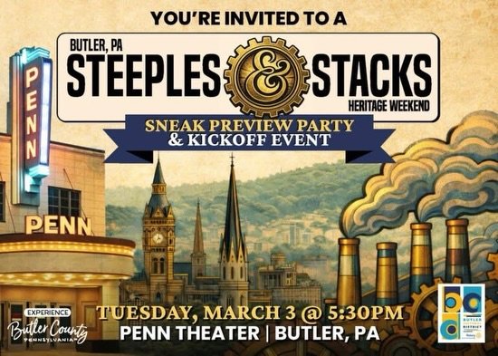 🎭✨ Join Us for the Steeples &amp; Stacks Sneak Preview Party &amp; Kickoff! ✨🏭

📅 Tuesday, March 3, 2026 | 5:30 PM
📍 Penn Theater | 149 N. Main Street

Business and industry leaders, artists, historians, and members of the faith community &mdash;