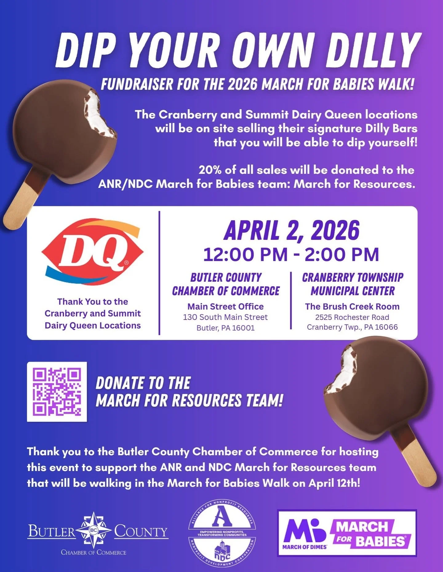 It&rsquo;s almost time to Dip Your Own Dilly! 🍦💙

Join us this Thursday, April 2, from 12:00 PM to 2:00 PM and support the ANR/NDC March for Resources team as they prepare to walk in the March for Babies event on April 12! 👶✨

Stop by and enjoy th