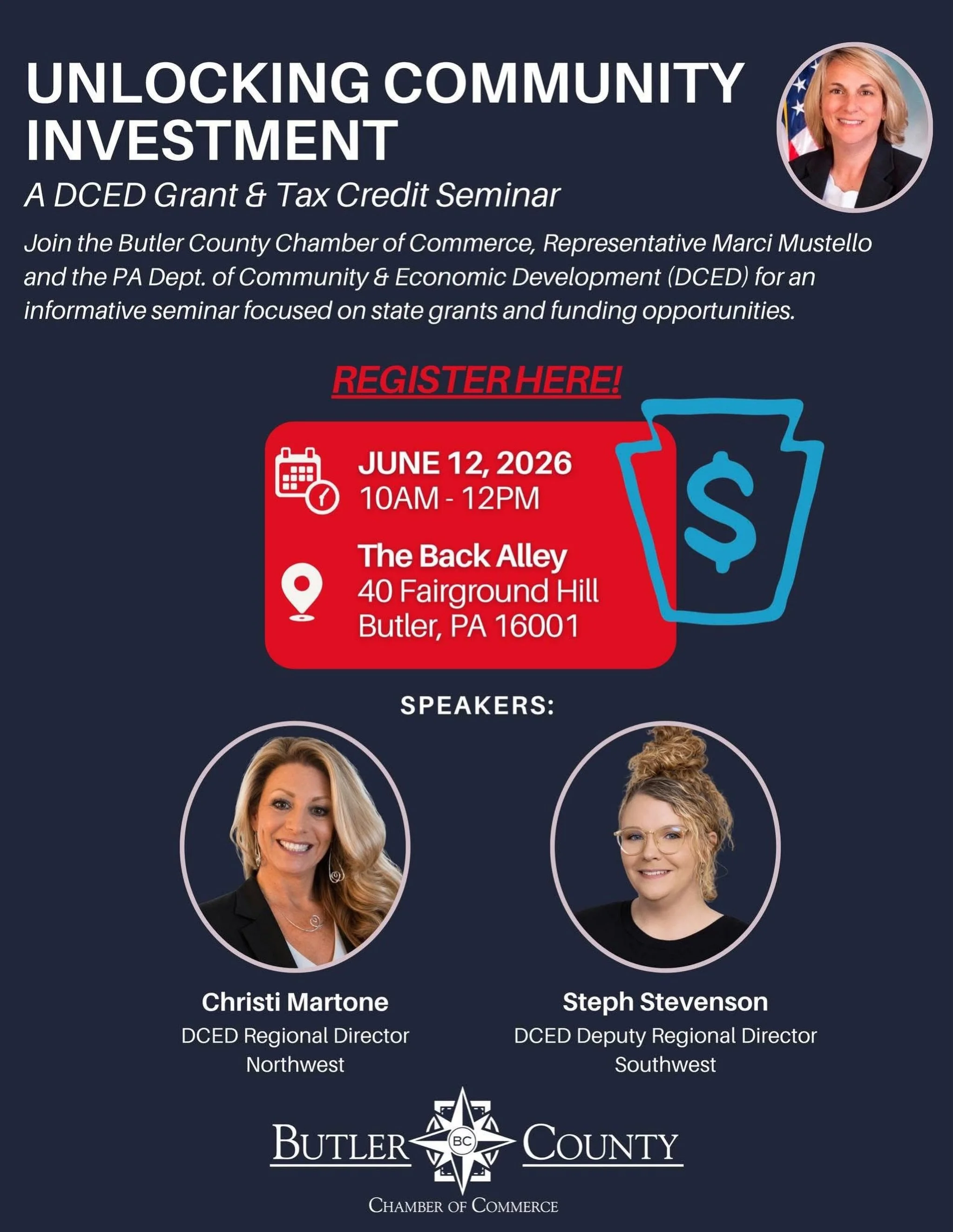 💡🏘️ Last Call! Looking to bring new investment, revitalization, and opportunity to your community? Join us for Unlocking Community Investment: A DCED Grant &amp; Tax Credit Seminar!

The Butler County Chamber of Commerce is proud to partner with  P
