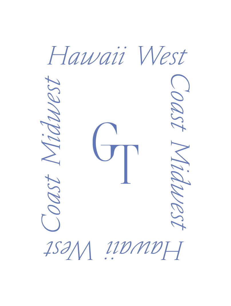 Design with the initials 'GT' in the center, surrounded by the states: Hawaii, California, Midwest in a circular arrangement.