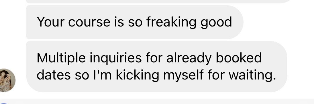 Screenshots of a text conversation on a messaging app where one person expresses excitement about Grace Troutman's associate team course and mentions kicking themselves for waiting due to multiple inquiries.