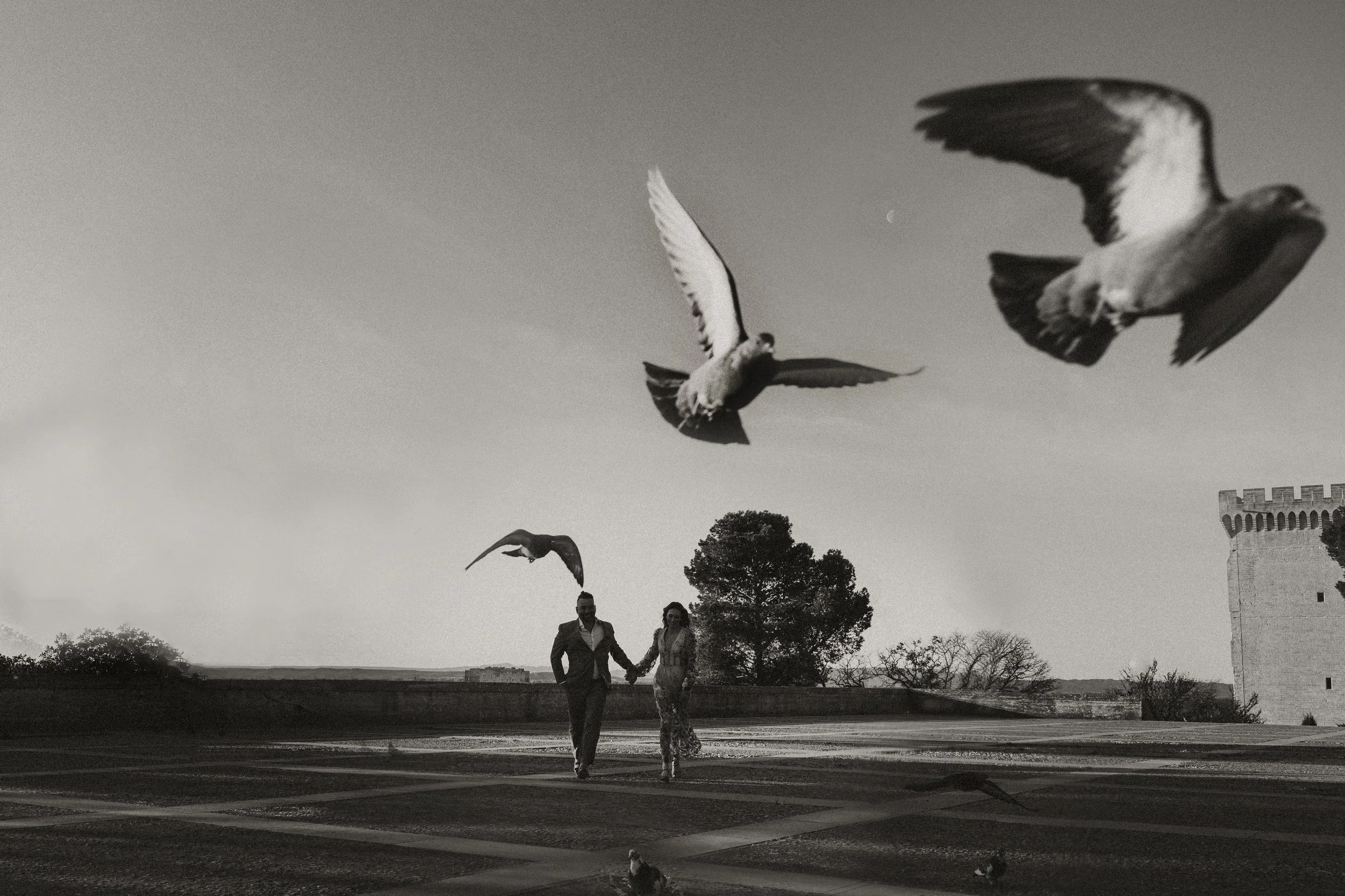 A black and white photo of a bride and groom walking hand in hand outdoors in France, with pigeons flying overhead and a castle-like structure in the background the day before their wedding.