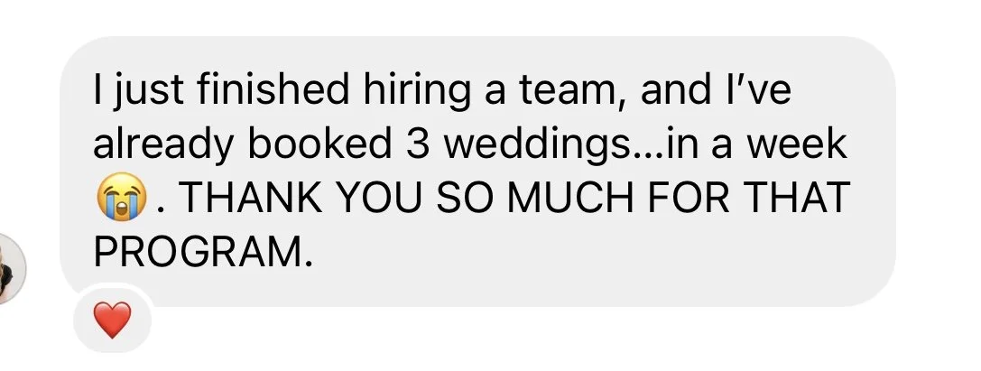 Text message expressing gratitude for Grace Troutman's online course after booking three weddings in a week, with a crying emoji and a heart emoji.