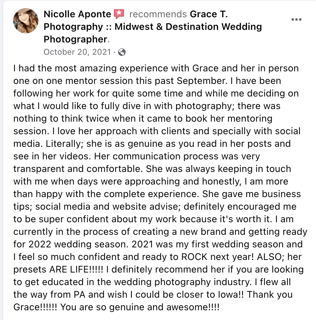 Screenshot of a Facebook review recommending Grace T. Photography, highlighting a positive experience with the photographer during a mentoring session, and praising her social media approach, communication, tips, and presets.