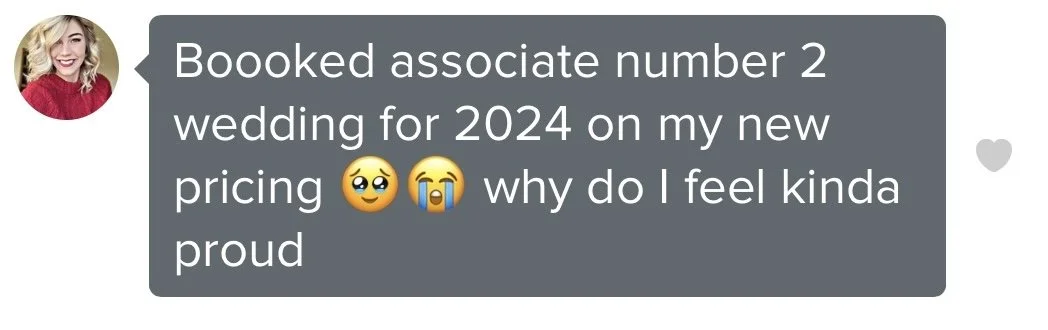 Screenshot of a rave review text message for Grace Troutman's associate photographer team course, expressing happiness and pride for booking a wedding for 2024 on a new pricing model, with emojis of a smiling face with hearts, and a crying face.