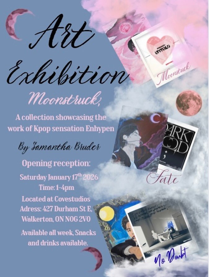 Join us at the shop this Saturday from 1-4pm as we host Moonstruck; a debut art exhibition by our very own Samantha Bruder. ☁️🎨

Moonstruck is Sam&rsquo;s grade 13 capstone project highlighting the work of Kpop sensation @enhypen. 

We are so proud 