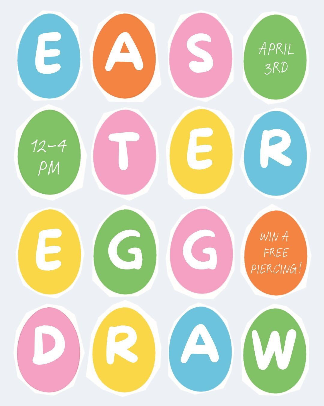 🐣 EASTER EGG DRAW! 🐣

Ready for an egg-stra special Good Friday? We've hidden some amazing deals inside Easter eggs! 🤩

Get a piercing, draw an egg, and win discounts or your piercing for FREE! 

WHEN: April 3rd, 12-4 PM
WHERE: Cove, duh! 
WHO CAN