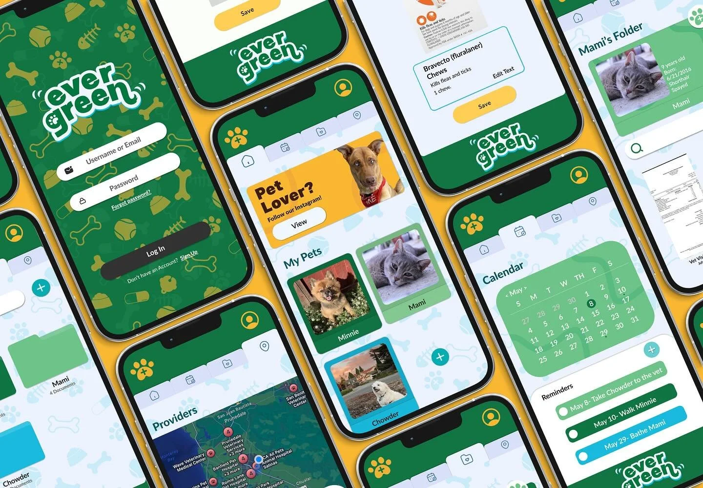 @evergreenpetwellness &mdash; Senior Capstone UI/UX and Branding Project 
This was a team effort with @maridesignsco and @diegoadesigns to create an app prototype and full branding for this mock company! We received the Best Design Award at the CSUMB