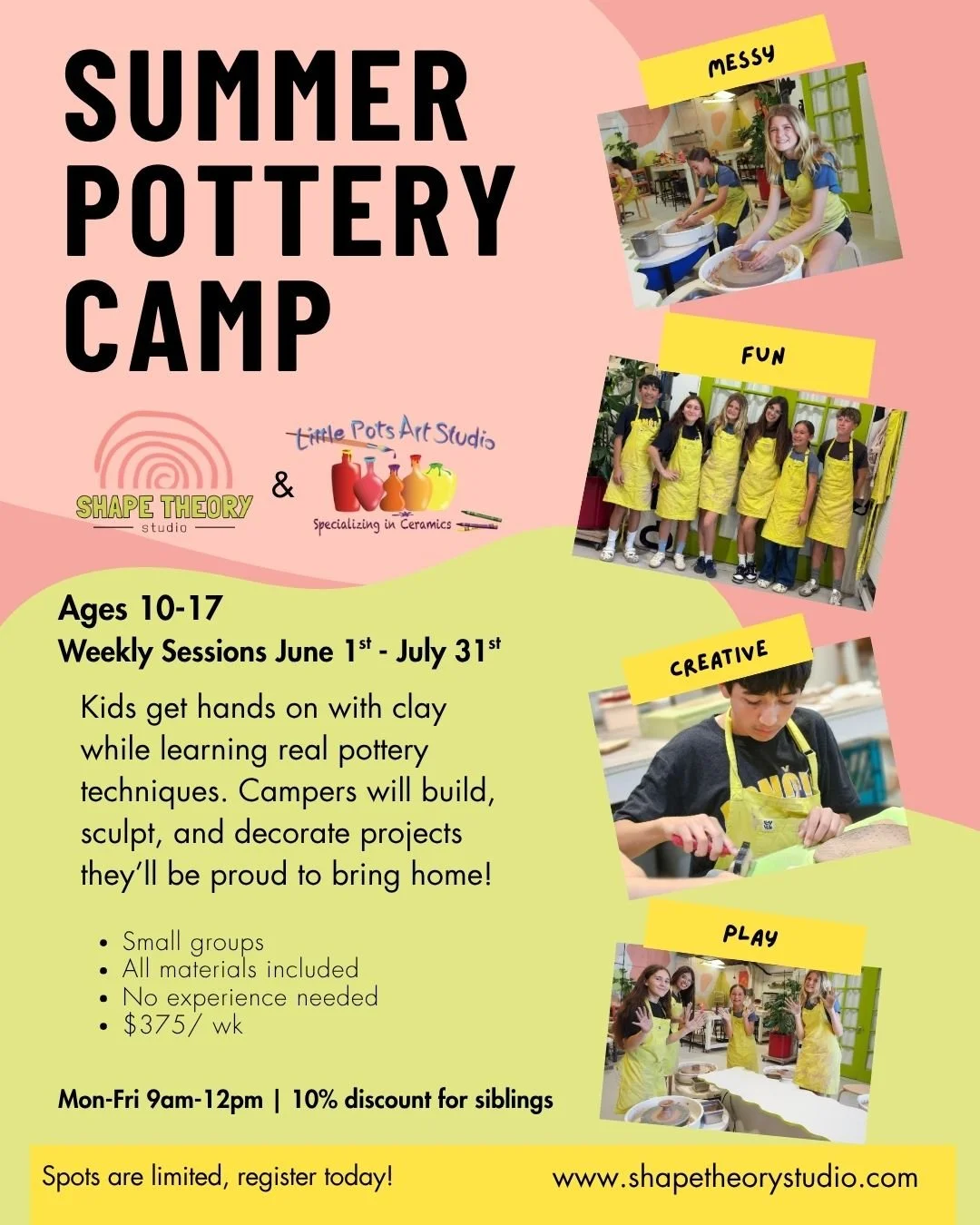 Not just childcare. A skill they&rsquo;ll actually keep.

Our kids summer pottery camp is designed for kids who love to make things (and parents who want more than busy work).

We teach real techniques in a supportive, small-group environment. Kids b
