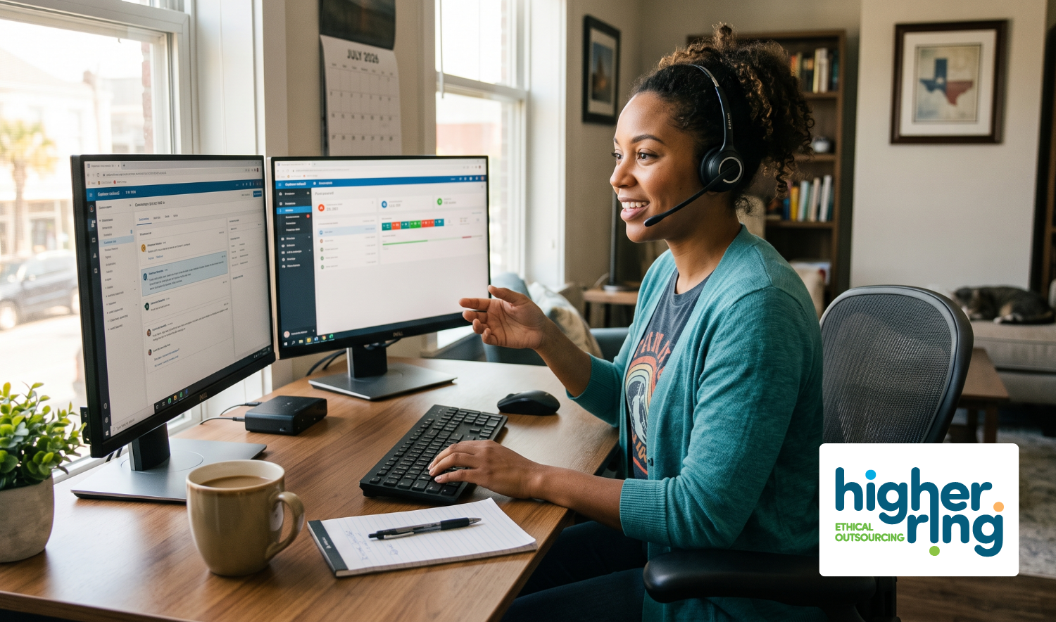 lady at a desk with two computers and a headset working from home