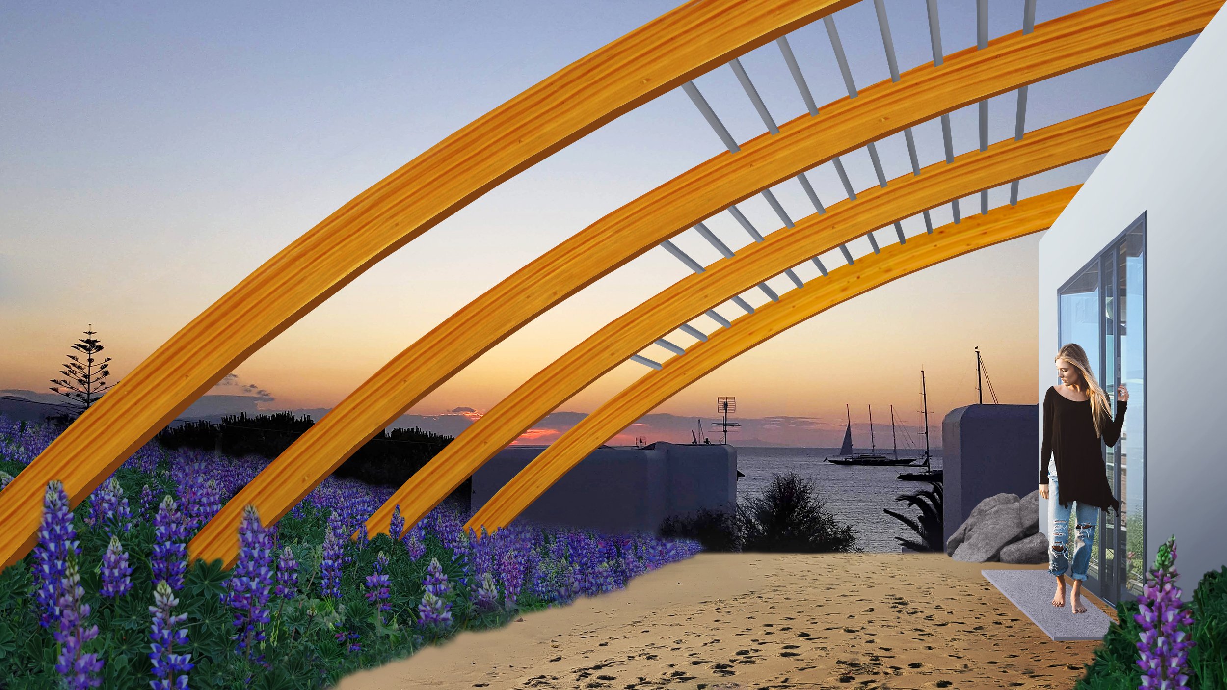 A modern architectural patio trellis shade structure with large curved wooden beams, overlooking a beach with sailboats and a sunset, with a woman standing in the doorway surrounded by purple flowers.