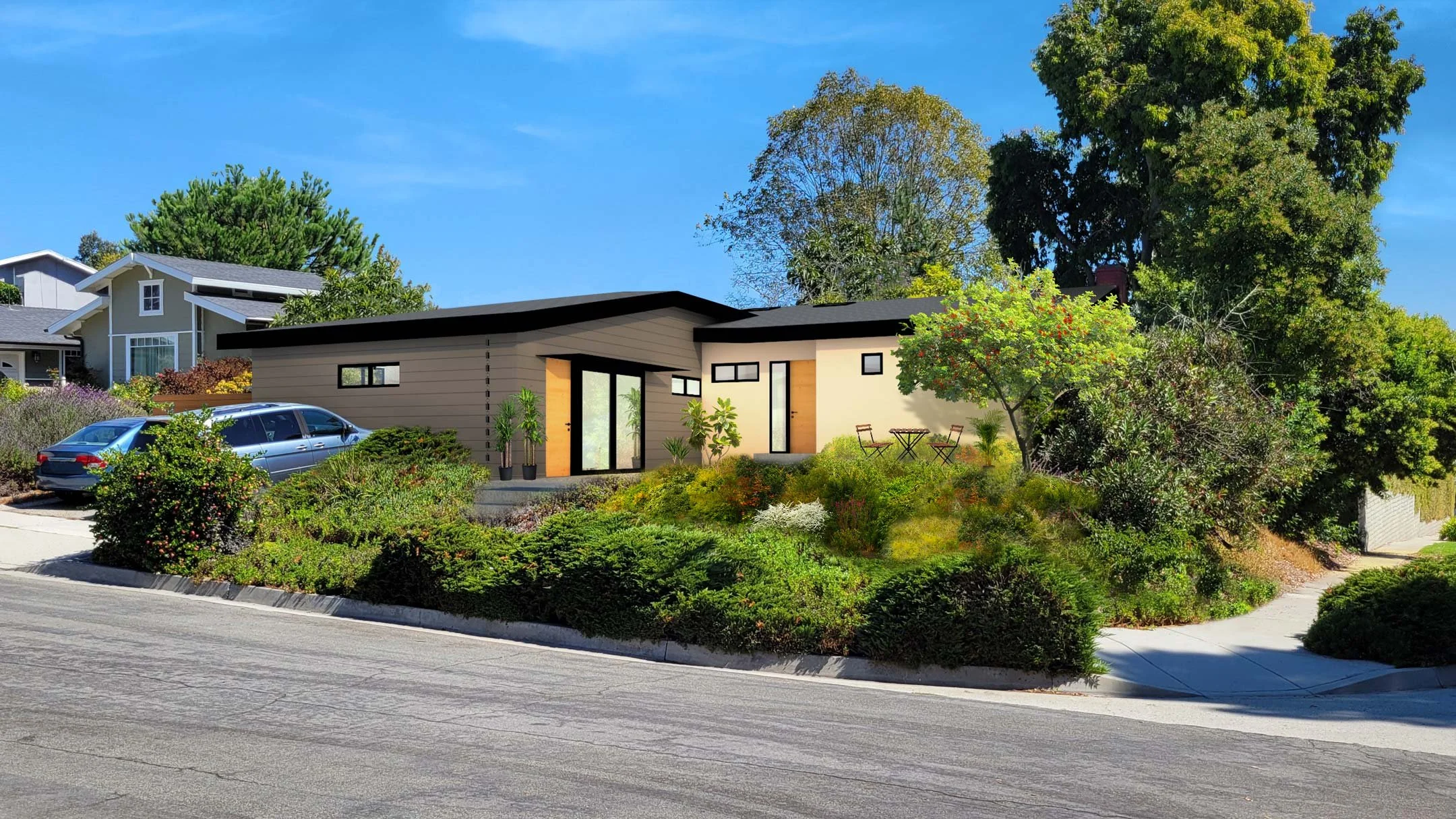 A modern house with a sloped roof, wooden entry doors, ADU garage conversion, and surrounded by lush plants and trees, with a parked vehicle nearby under a clear blue sky. Accessory dwelling unit.