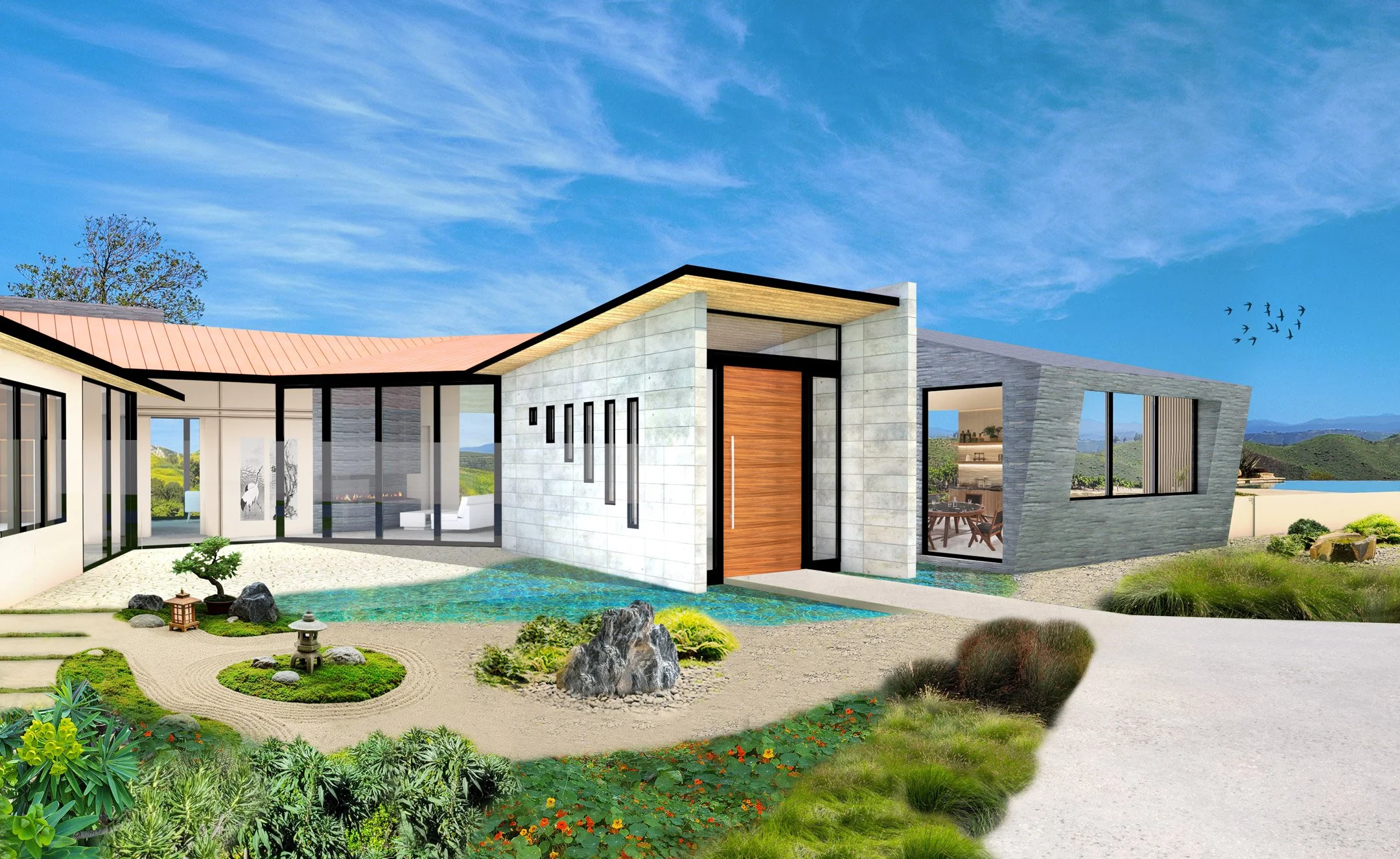 Modern house with large glass windows, a wooden front door, and landscaped zen garden front yard with rocks, plants, reflecting pond, and a gravel path. Blue sky with some clouds and distant hills in the background.
