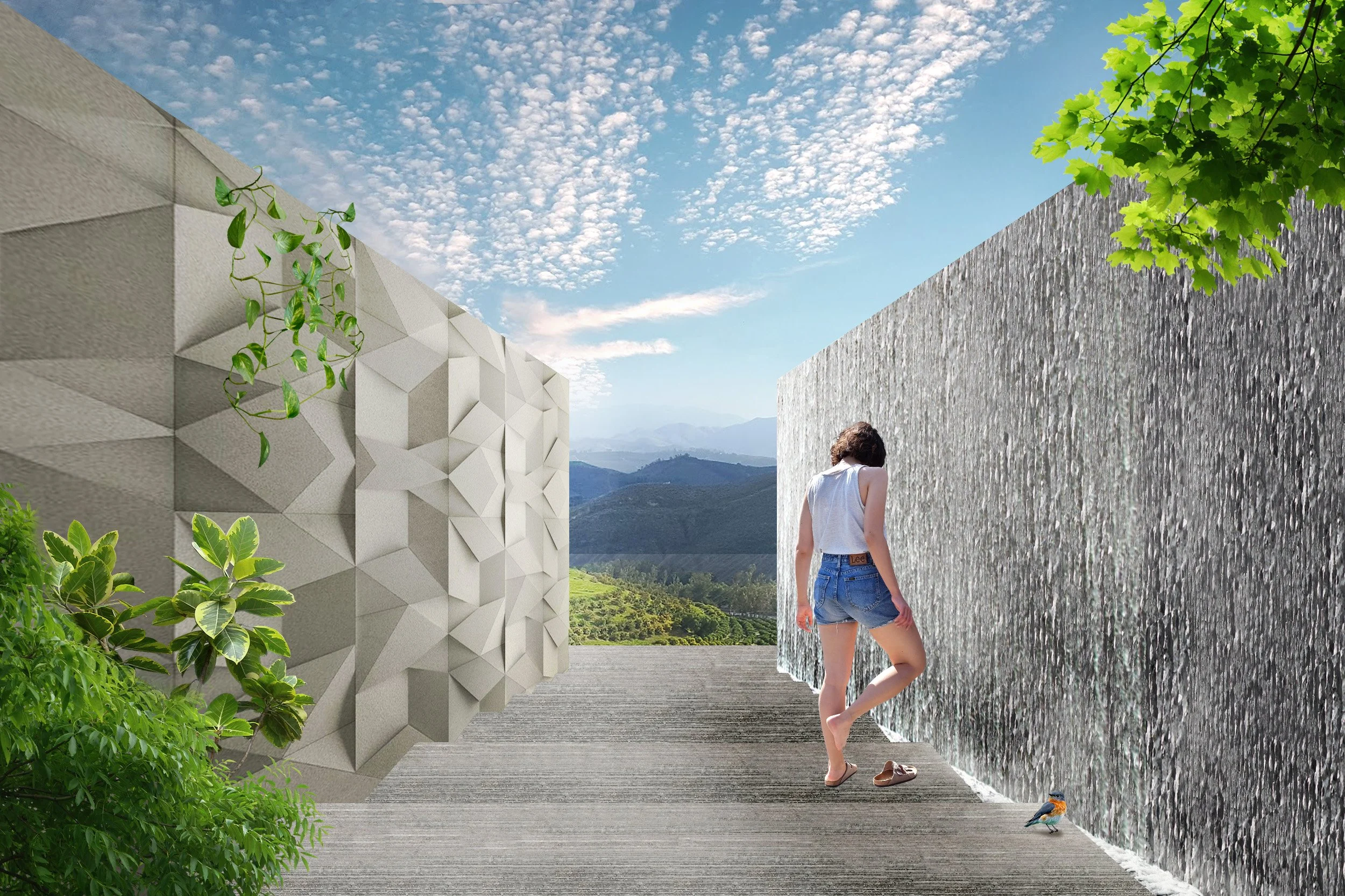 A woman in casual summer clothes walking between a large textured concrete wall and a waterwall outdoors, with green foliage on the left and right, mountains and blue sky in the background.