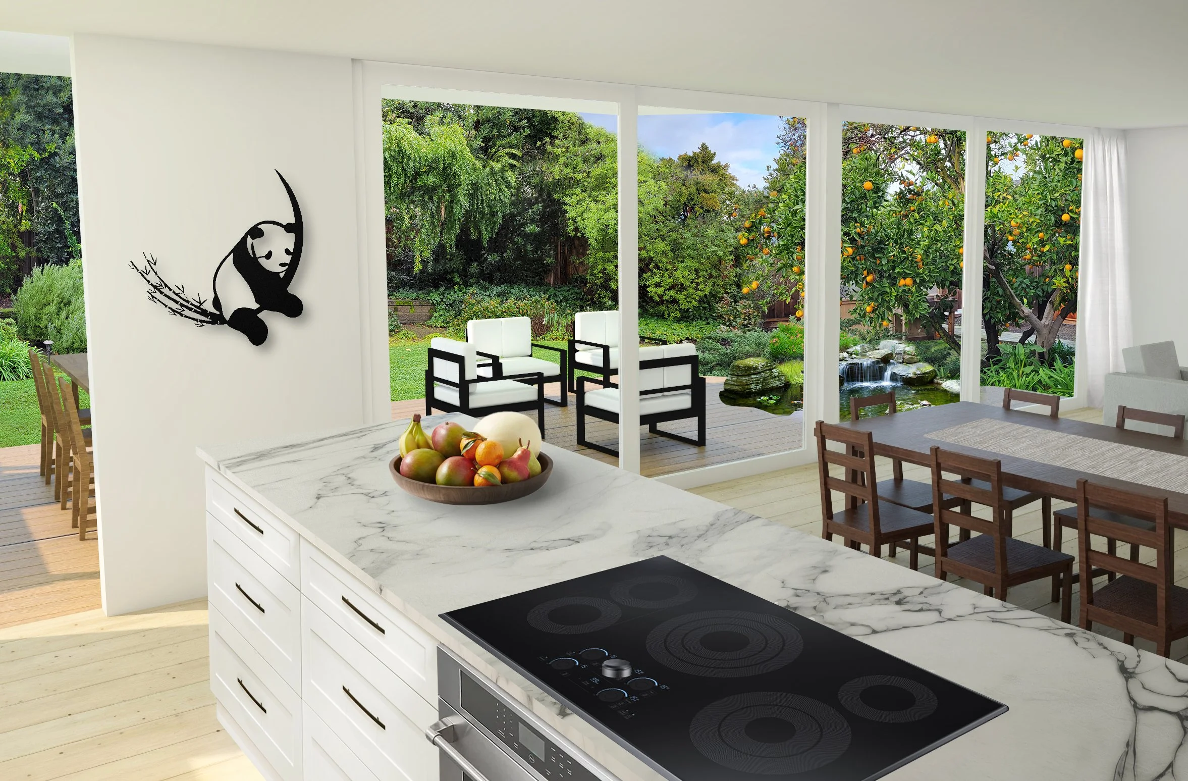 Modern kitchen with white marble countertop, black electric stove, bowl of assorted fruits, view of backyard with trees, orange grove, fish pond integrated into outdoor seating area.