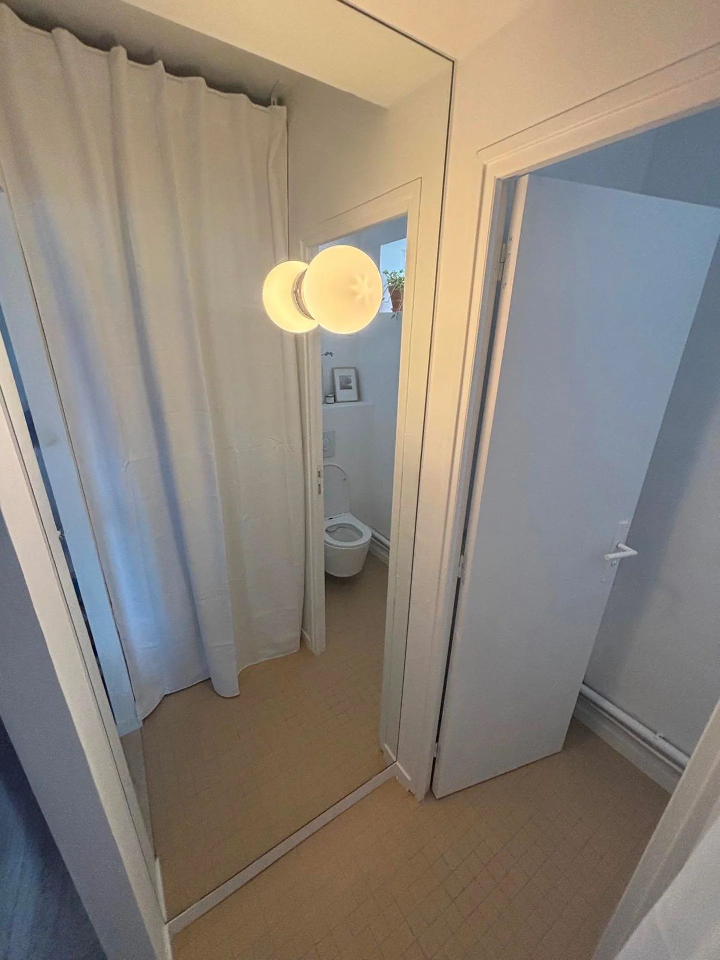 Une cabine de toilettes avec une porte miroir, une douche avec rideau blanc, un lavabo et une fenêtre avec une plante.