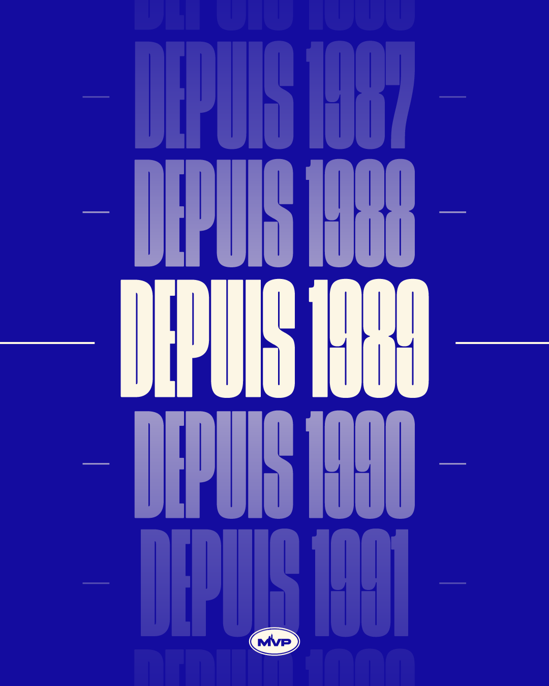 Iconographie bleue avec le texte "Depuis 1989" répété, mettant en évidence la date de fondation, avec un logo de la miroiterie du vieux port de Marseille en bas, maison créée en 1989.