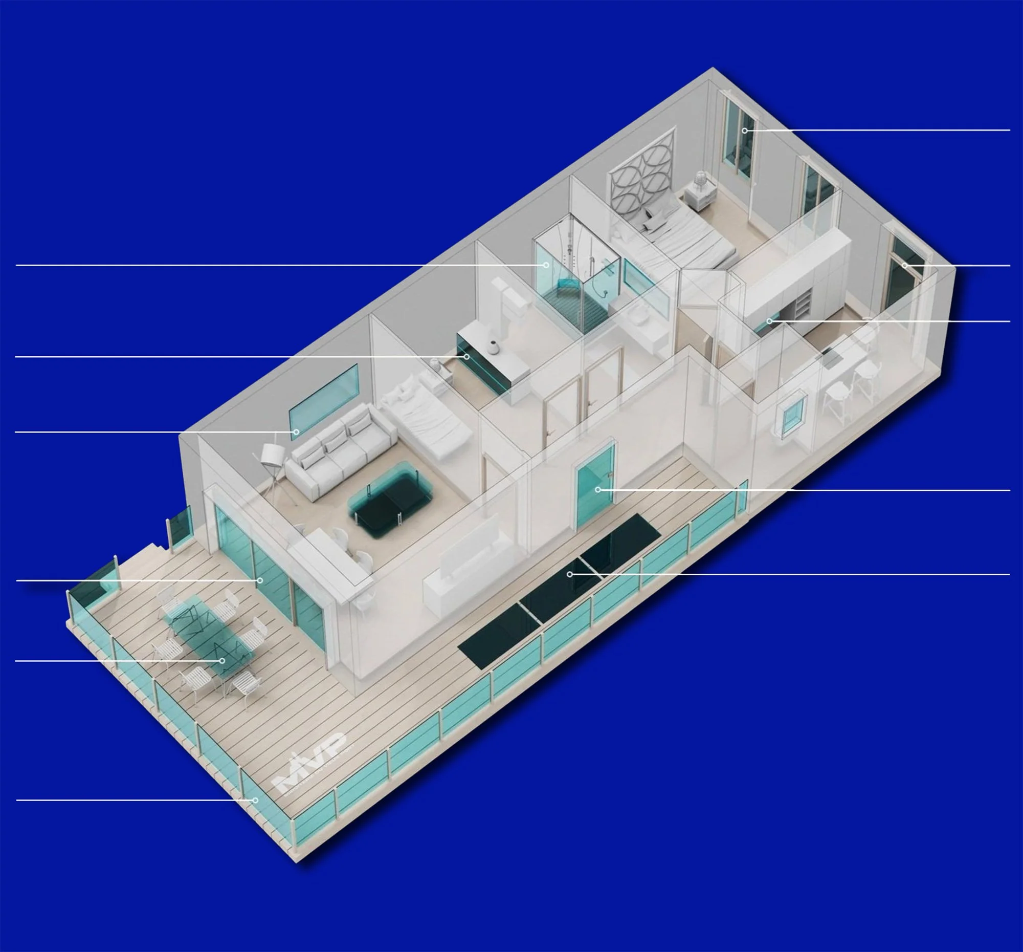 Plan d'une maison avec terrasse, salon, cuisine, chambres, salle de bain, et balcon.