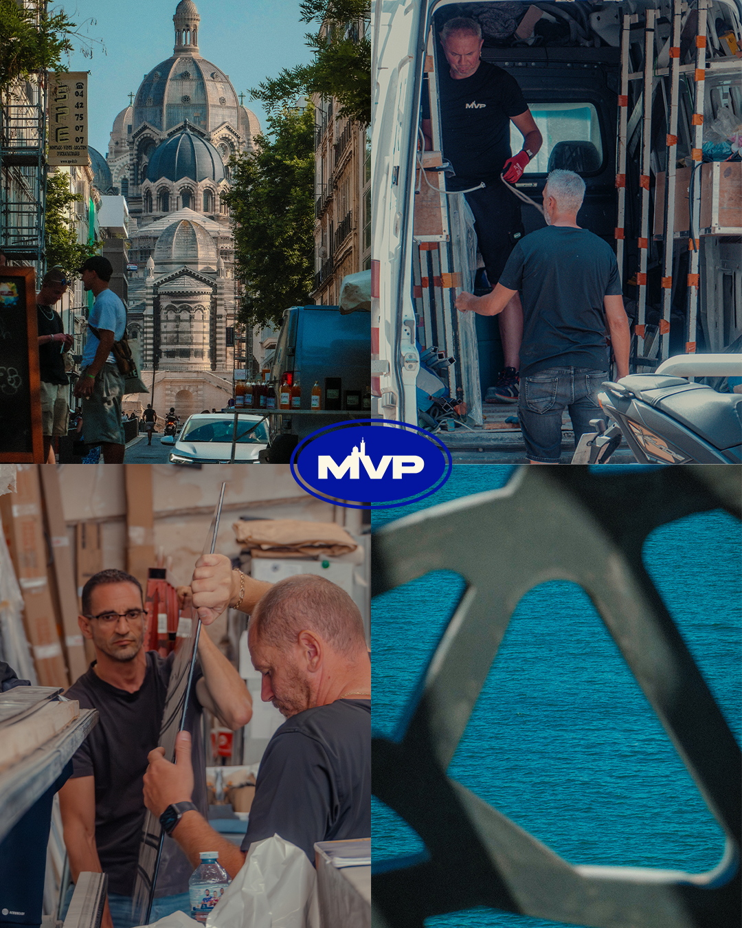 Une compilation de quatre images : une vue de la cathédrale de Milan en Italie, deux hommes chargent des équipements dans une camionnette, un homme examine un objet dans un magasin, et une vue de l'océan à travers une grille.
