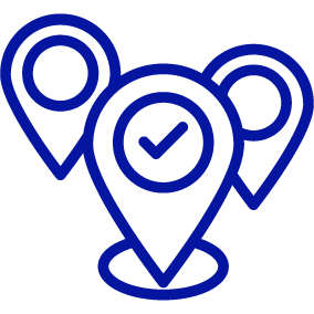 Icône représentant des marqueurs de localisation avec un symbole de coche, symbolisant un lieu fiable ou confirmé.