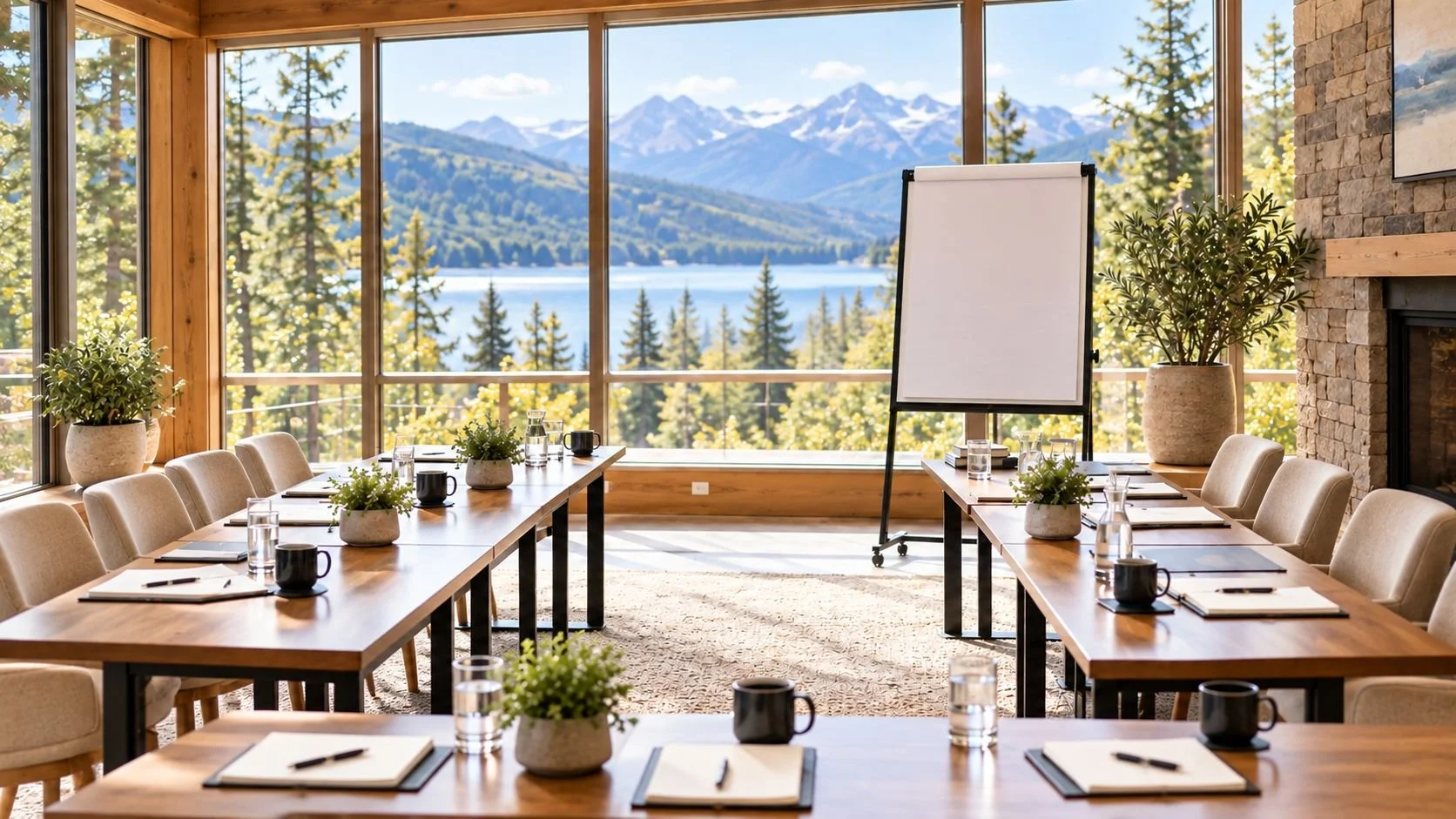 Meeting room set in a horseshoe configuration with a flip chart at the front, overlooking a lake and mountains