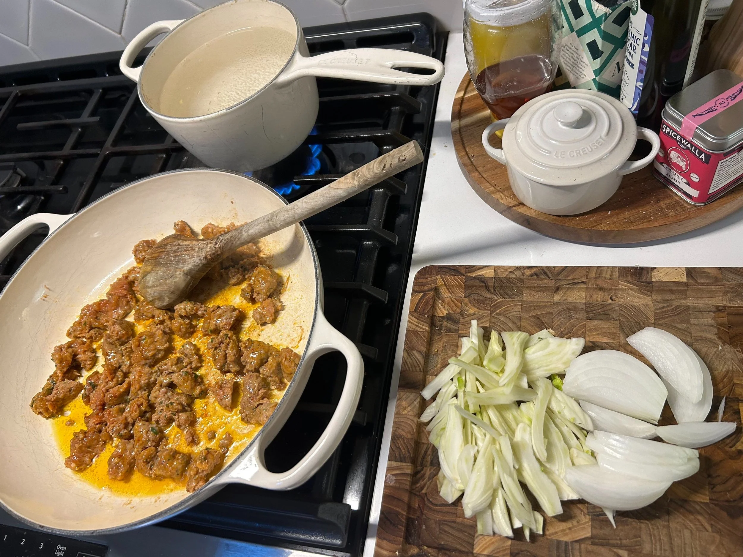 spicy rigatoni pasta in the process of being prepared