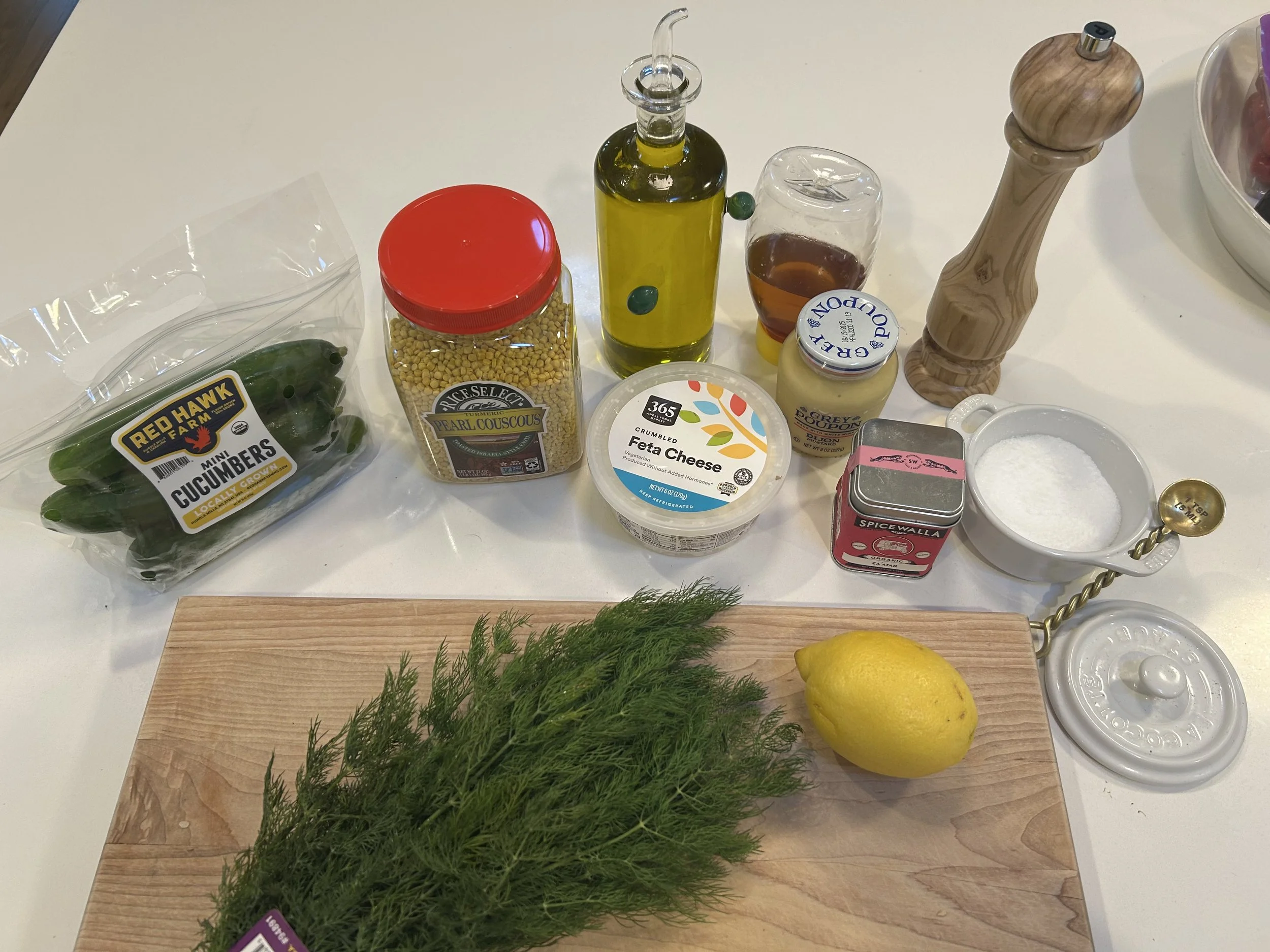 Ingredients needed to make this couscous with dill and feta pasta salad recipe